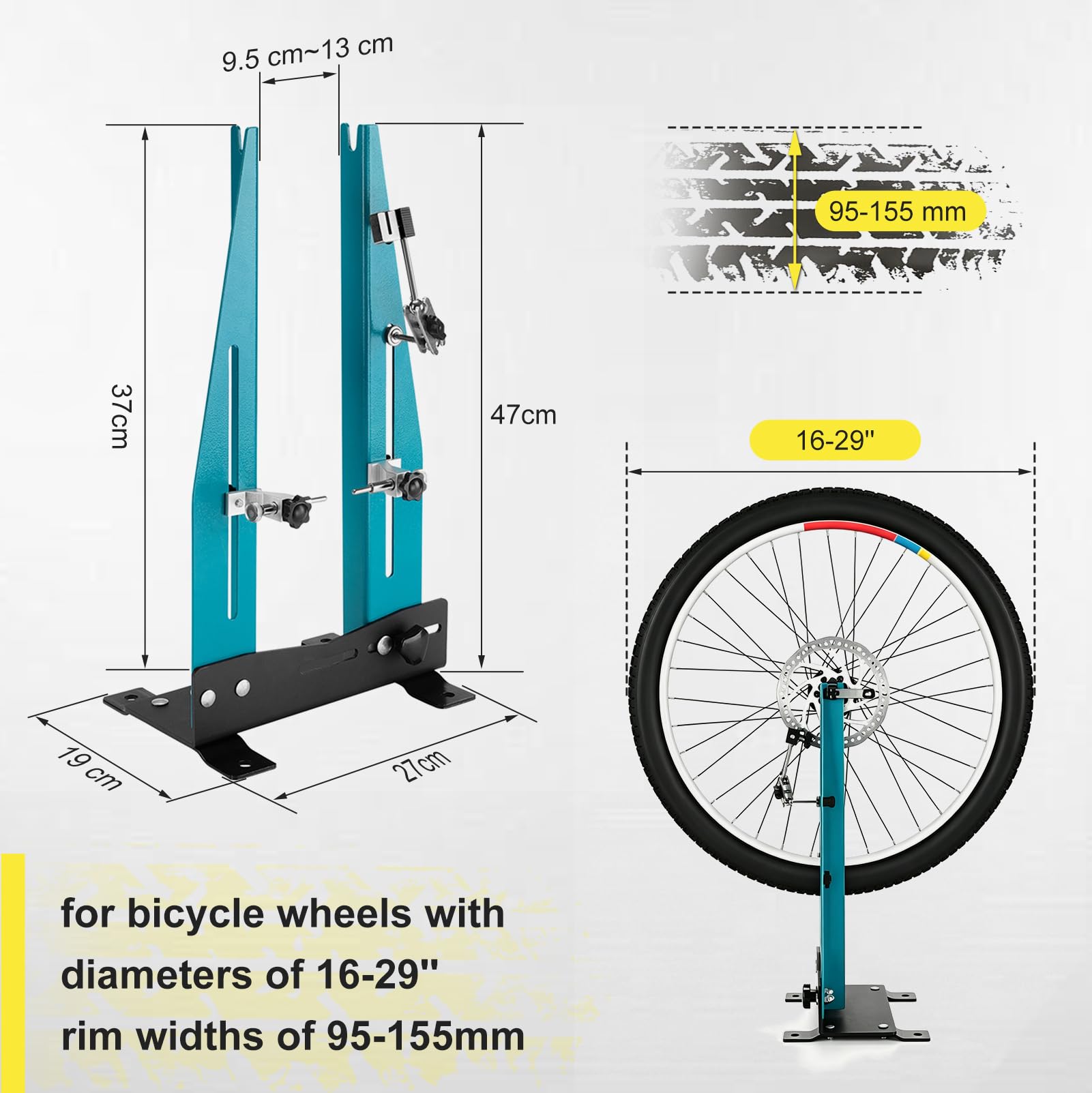 Centrador de Ruedas Para Bicicleta, para Llantas de 16" a27.5, Giro de 360°, Ajuste de ancho 95–130mm, compatible con discos de freno de 140-180mm para Bicicleta de Montaña/Carretera/Taller
