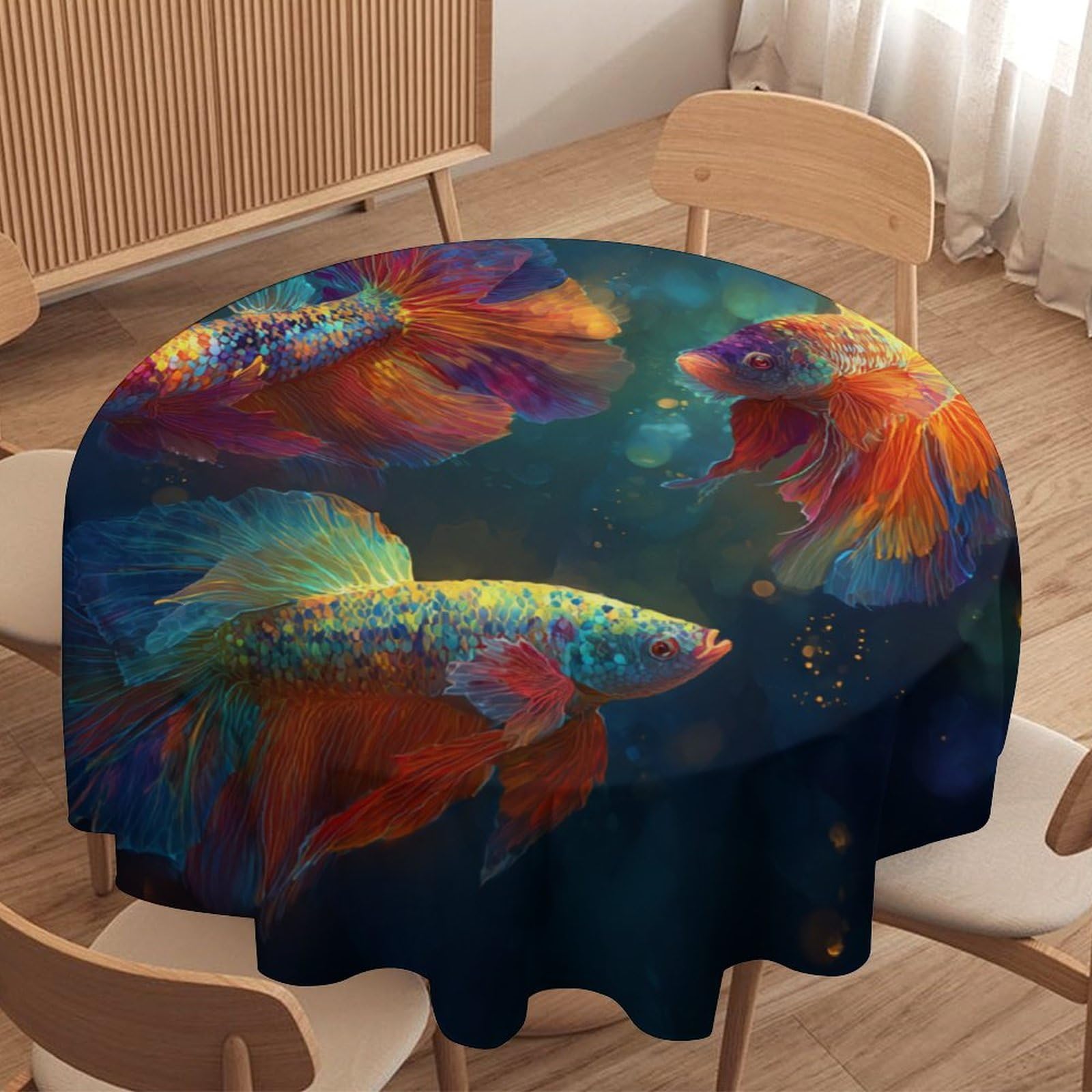 LUYYSKY Vintage Abstract Colorful Fish Waterproof Round Tablecloth Fantasy Classic Underwater Landscape Animal Fish Washable Table Cover for Kitchen-91.4" Wx91.4 L cm