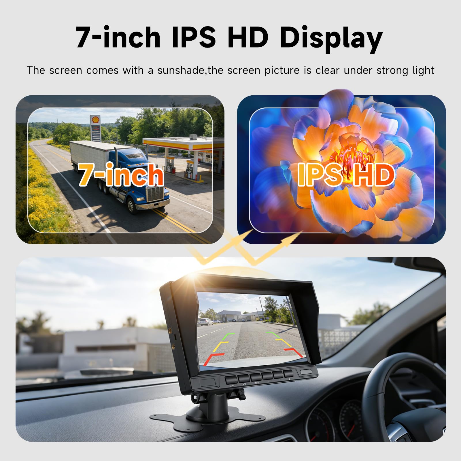 Hodozzy Zestaw kamer cofania z ekranem IPS 1080p, 7 cali, wodoszczelność IP69, noktowizor, szerokokątna kamera cofania, kamera kablowa z wtyczką lotniczą 12 V-24 V do samochodów osobowych, ciężarowych
