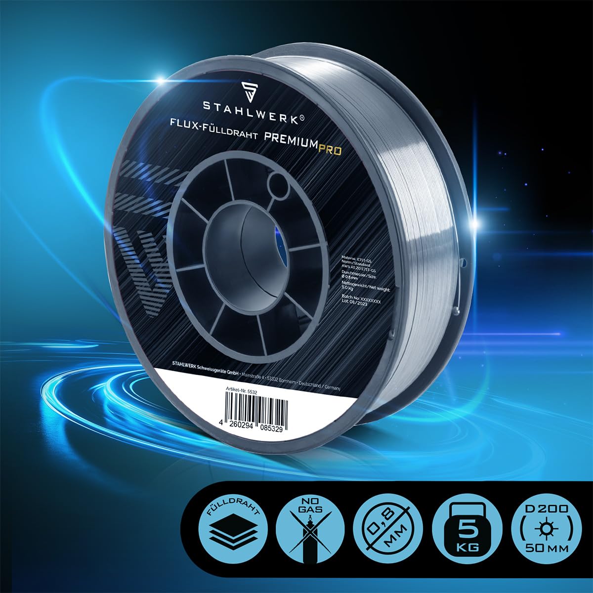 STAHLWERK FLUX hilo tubular - E71T-GS 0,8 mm, 5 kg bobina de hilo D200, bobina de hilo para mandril de 50 mm, hilo de soldar premium, hilo de relleno, hilo de soldar universal | Alambre de soldadura de uso universal, autosuficiente para soldar sin gas, ad