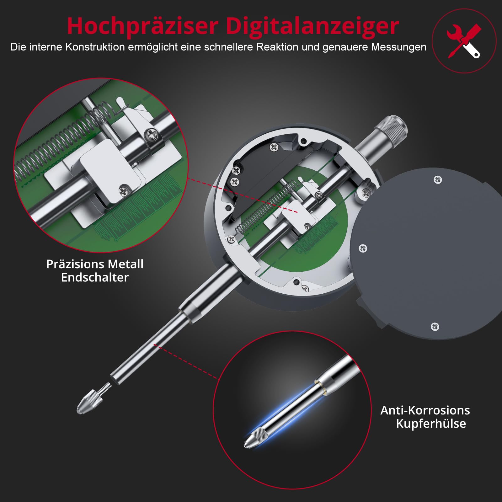 XUNTOP Digitaler Messuhr DTI Digital Dial Indicator 0,01/.0005'' Messbereich 0-25,4 mm (0-1'') für mechanische, industrielle & Laboranwendungen