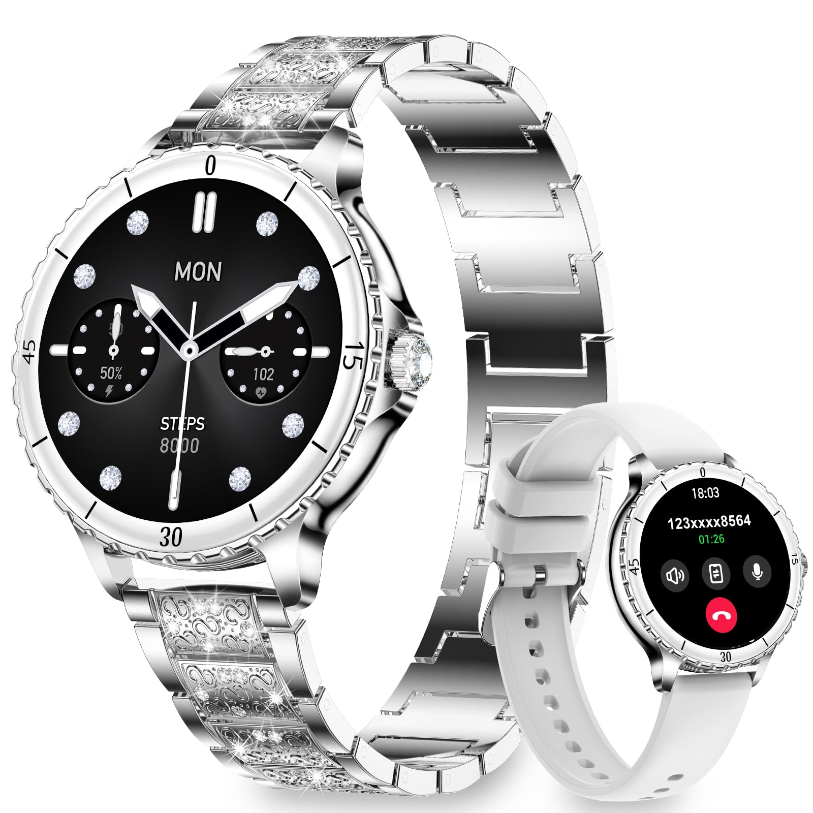 Smartwatch Donna Chiamate Bluetooth, 1.27" Orologio Smart Watch Rotondo con Cinturino di Diamante, Compatibile Android/iOS, IP68 Impermeabile Fitness Trackert con Cardiofrequenzimetro Sonno, Argento