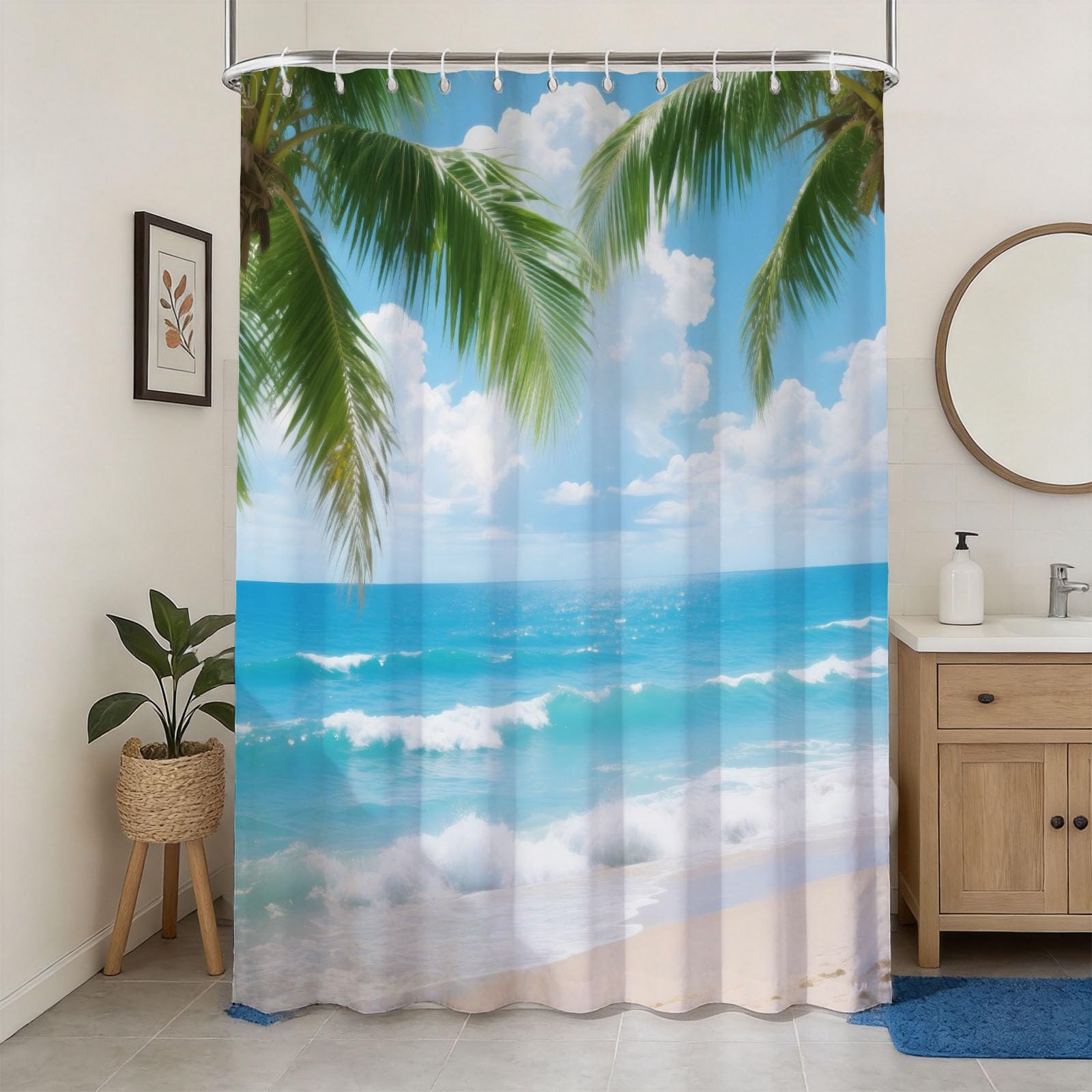 Hongduo 3D Beach Scenery Shower Curtain for Stalls Bathtubs Wave Sea Printed Bathroom Decor Shower Curtain Set Polyester Fabric Waterproof 180x200cm/71X79 Inch with Hooks