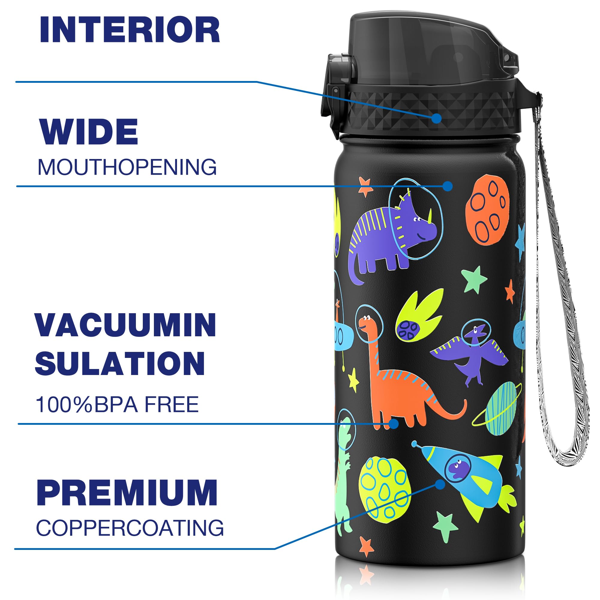 GOPPUS 550ml/18oz Kids Insulated Water Bottle with Straw Cute Double Wall Stainless Steel Child's Small Flask Vacuum Insulated Steel Metal Leak Proof Drink Flask Boys Toddler Girls Flask BPA-Free - Image 4