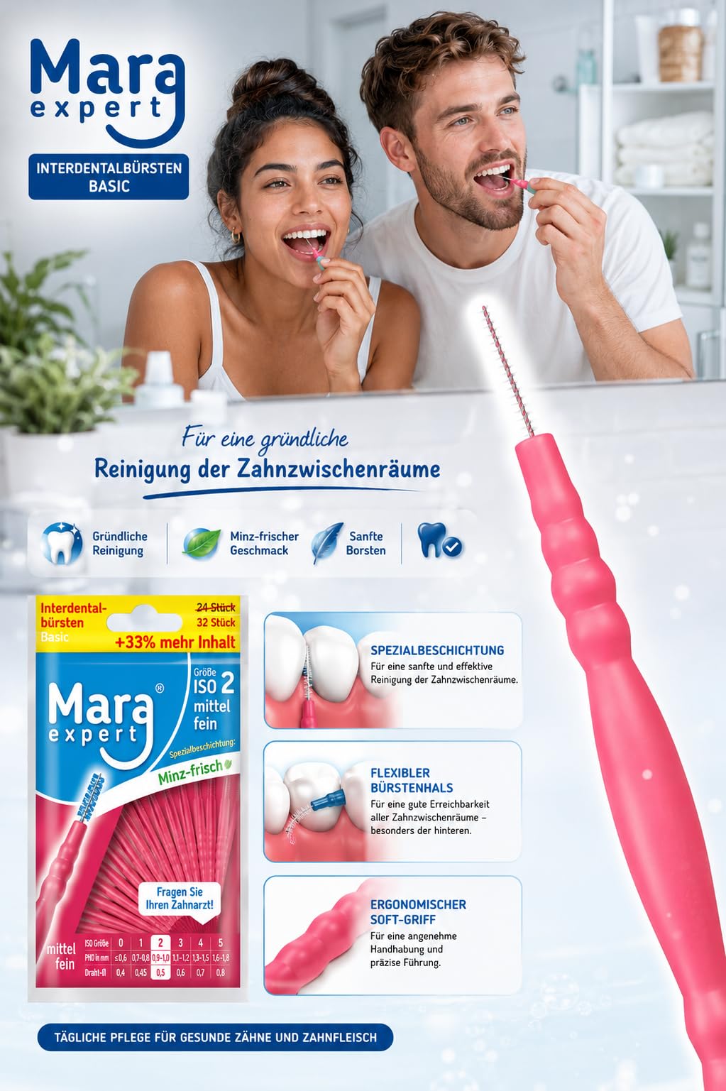 MARA EXPERT Brosses pour espaces interdentaires, fines, 0,5 mm, ISO 2, 6 x 32, rouges, brosses dentaires standard
