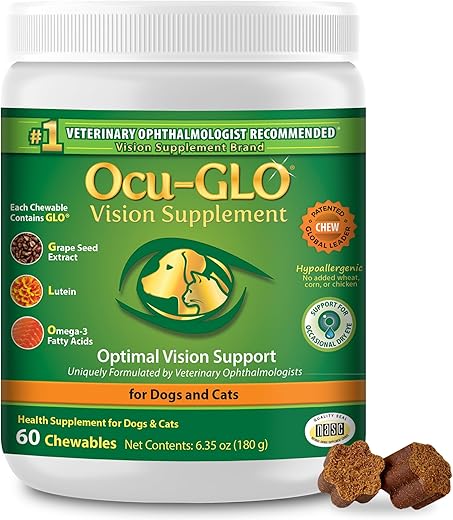 Ocu-GLO Cat & Dog Senior Supplement for Eye Support – Chewable Vision Vitamins Supplements for Large and Small Pets Care with Lutein, Omega-3 Fatty Acids, Grape Seed Extract & Antioxidants