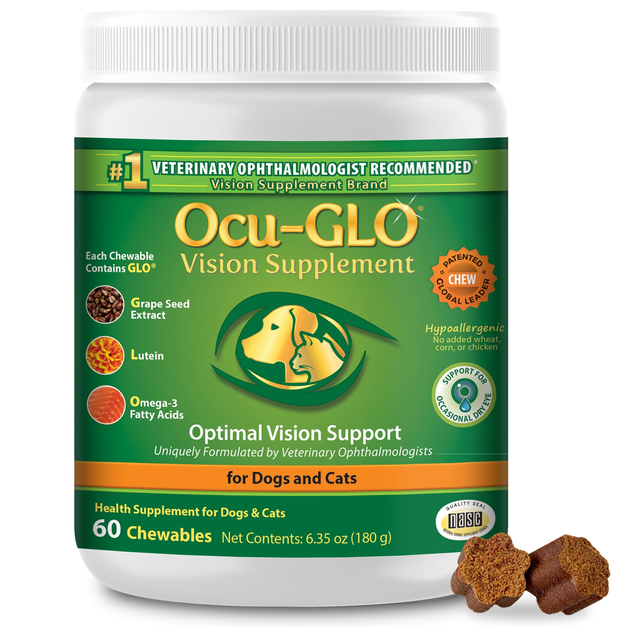 Ocu-GLO Weiche Kauknochen für optimale Sicht, Unterstützung für Hunde und reife Katzen, von Animal Necessity, 60 ct