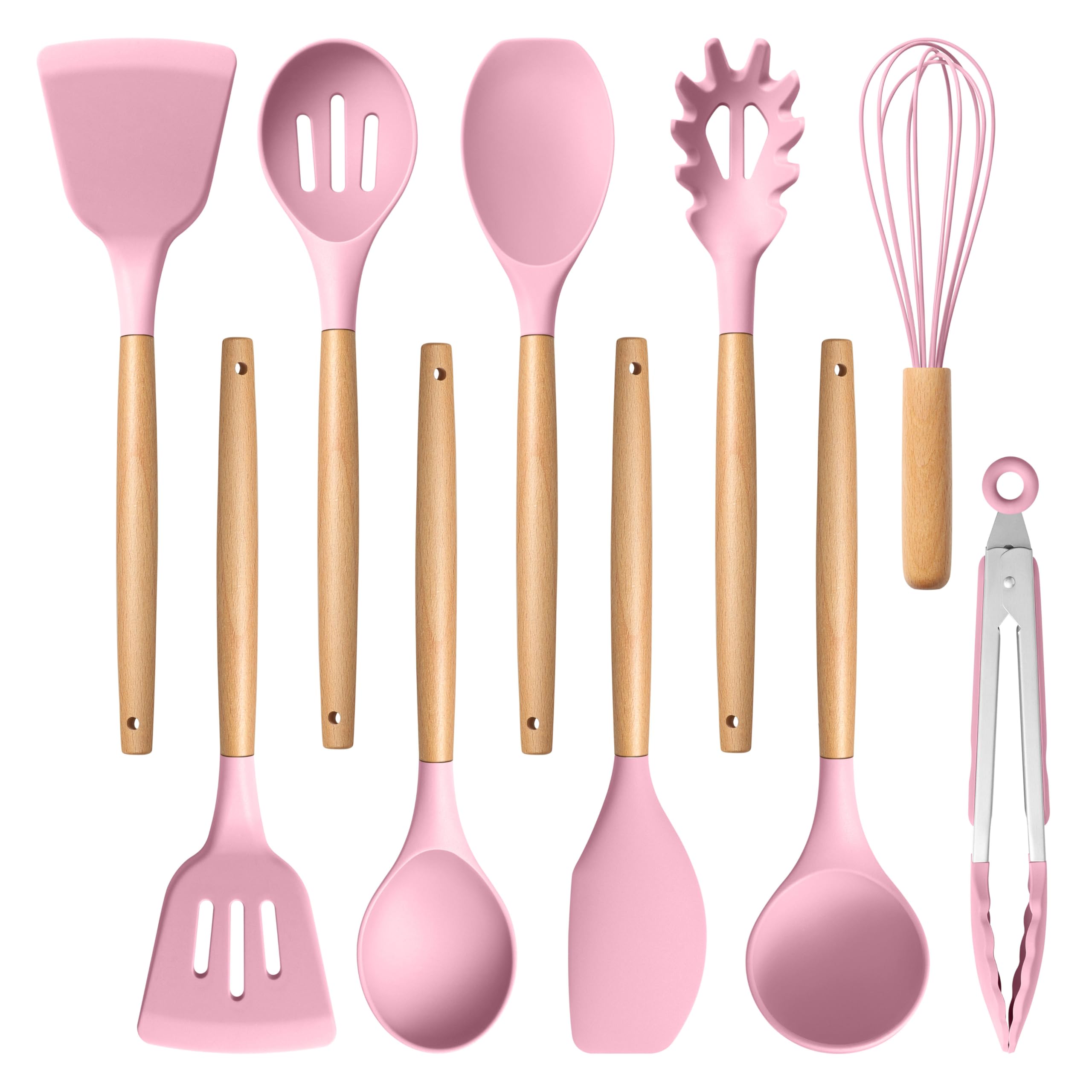 E-far Pink Silicone Cooking Utensils Set, 10-Piece Kitchen Utensils Set with Wooden Handle for Cooking, Non-toxic Silicone Kitchen Nonstick Tools Spatula Whisk Tongs Ladle, Heat Resistant & Health