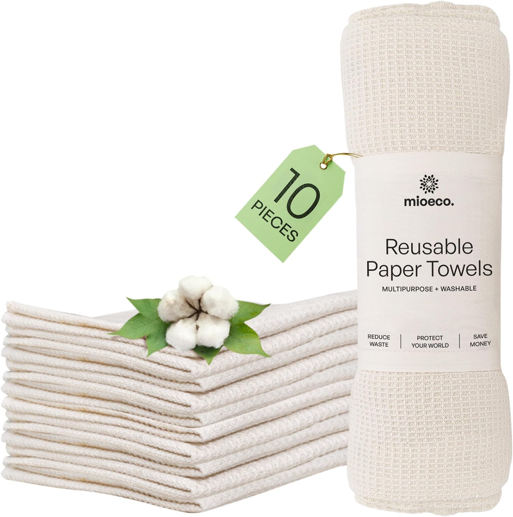 mioeco 10 Pack Reusable Kitchen Paper Towels Washable - Super Absorbent Natural unPaper Towels - Natural Cotton - Reusable, Paperless Kitchen Dish Cloths - 100% Organic