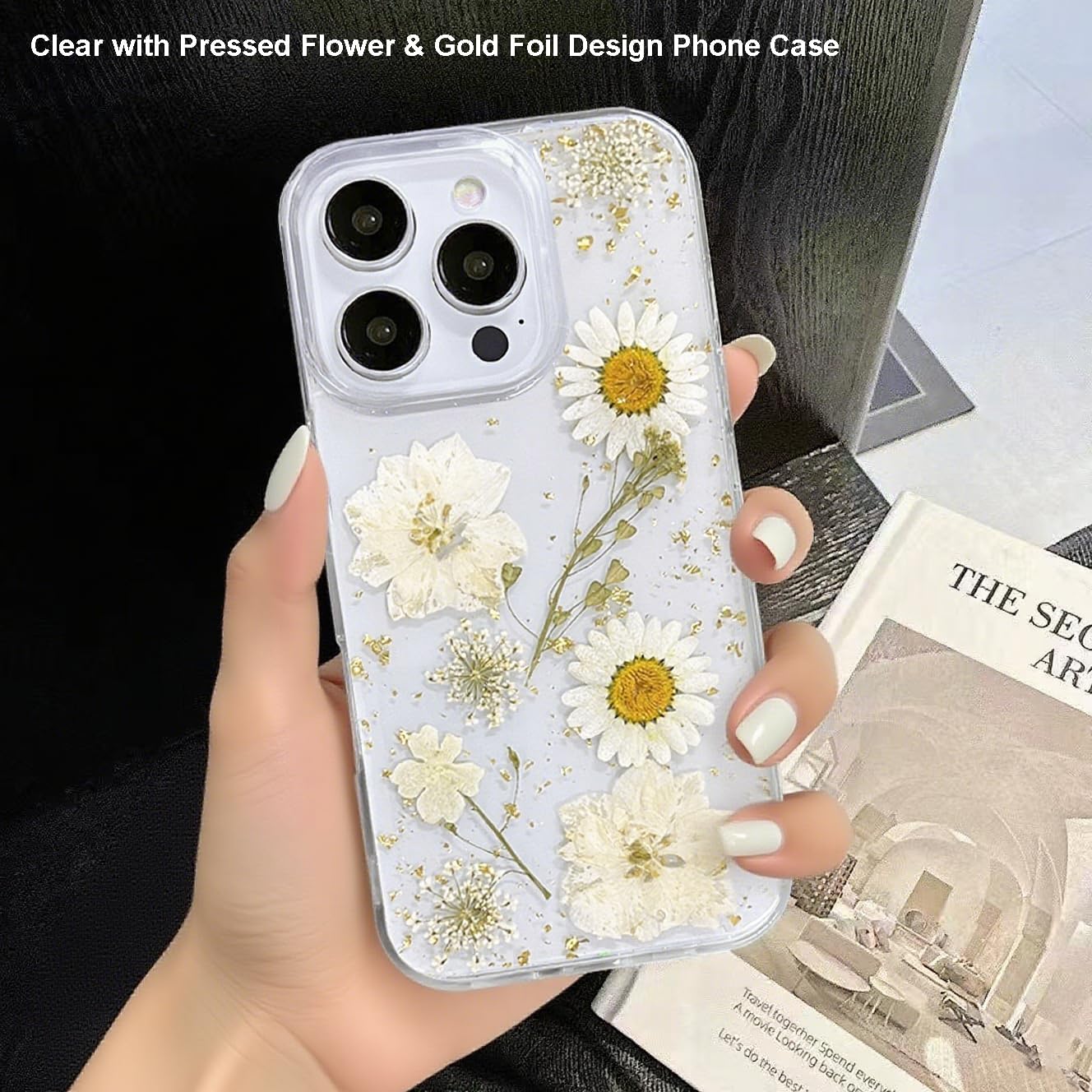 Abbery for iPhone 15 Pro Case Clear with Real Pressed Flower Design Glitter Sparkly Gold Fall Girly Women Cute Aesthetic Soft TPU Protective Shockproof Phone Cover - White Yellow Daisy Floral - Image 3