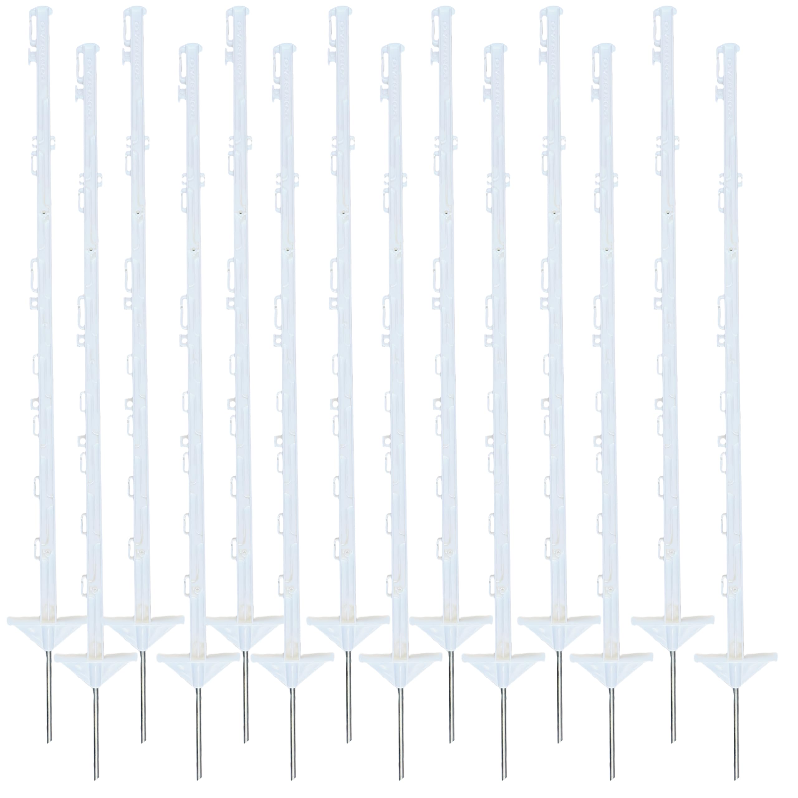 60x Weidezaunpfähle „stark 105“ – 105 cm, weiß, mit Doppeltritt und 10 Isolatorösen
