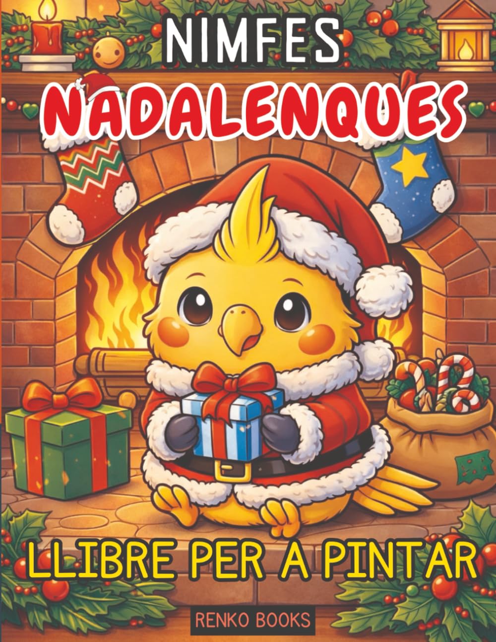 Llibre per acolorir de nimfes de Nadal: Ocells nadalencs adorables, perxes nevades i alegres escenes d’arbres de Nadal per a totes les edats.