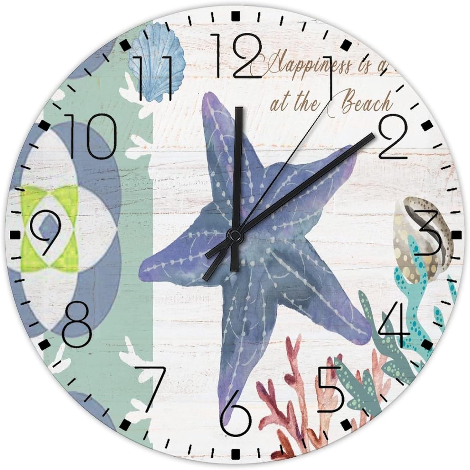 12'' Silent Non-Ticking Wall Clocks Battery Nautical Beach Ocean Underwater Starfish Home Decoration for Garage Turtle Sea Life Seahorse Country Round Wooden Wall Clock Vintage for Indoor Washroom