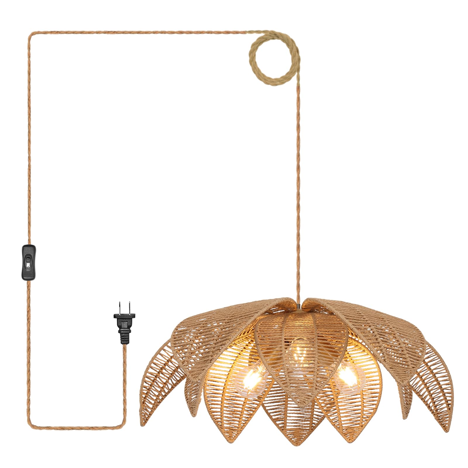 Photo 1 of WYYSDWNE Rattan Plug in Pendant Light with 15FT Hemp Rope Cord Boho Light Fixture Can accommodate 3*E26 Bulbs of Woven Wicker Chandelier for Living Room Bedroom Dinning