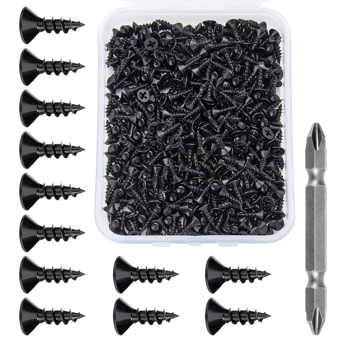 Xrfoiniu 300PCS Black Wood Screws, #6 x 1/2 Inch, Flat Head, Cross Drive Self-Tapping, for Indoor Use, Including Magnetic Double-Headed Cross Drill