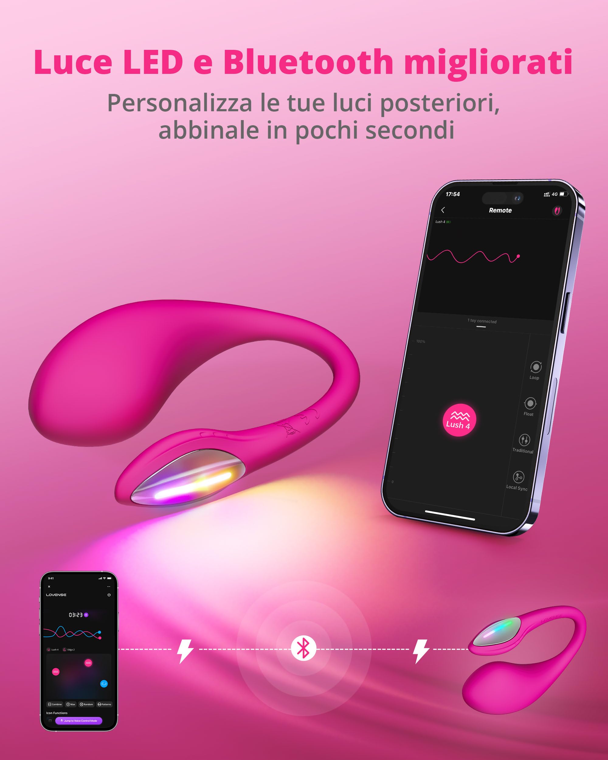 LOVENSE Lush 4 Vibrazione del punto G telecomandata per donne, giocattolo sessuale per adulti con coda luminosa a LED, vibrazione per donne con applicazione