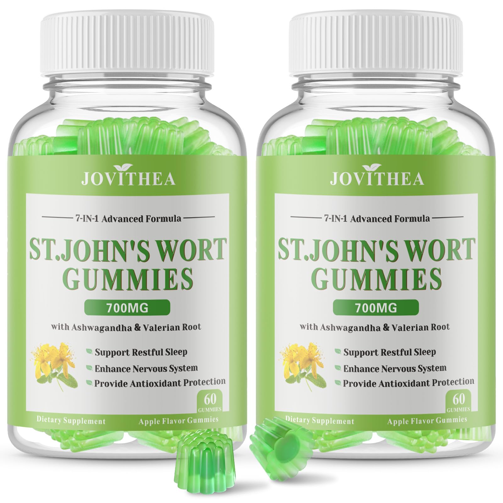 2 Pack St John's Wort Gummies 700mg, Natural Herbal Supplement for Adults & Kids, Support Calm, Relaxation & Brain Health, Vegan, Gluten Free, Apple Flavor, 120 Count 60 Count (Pack of 2)