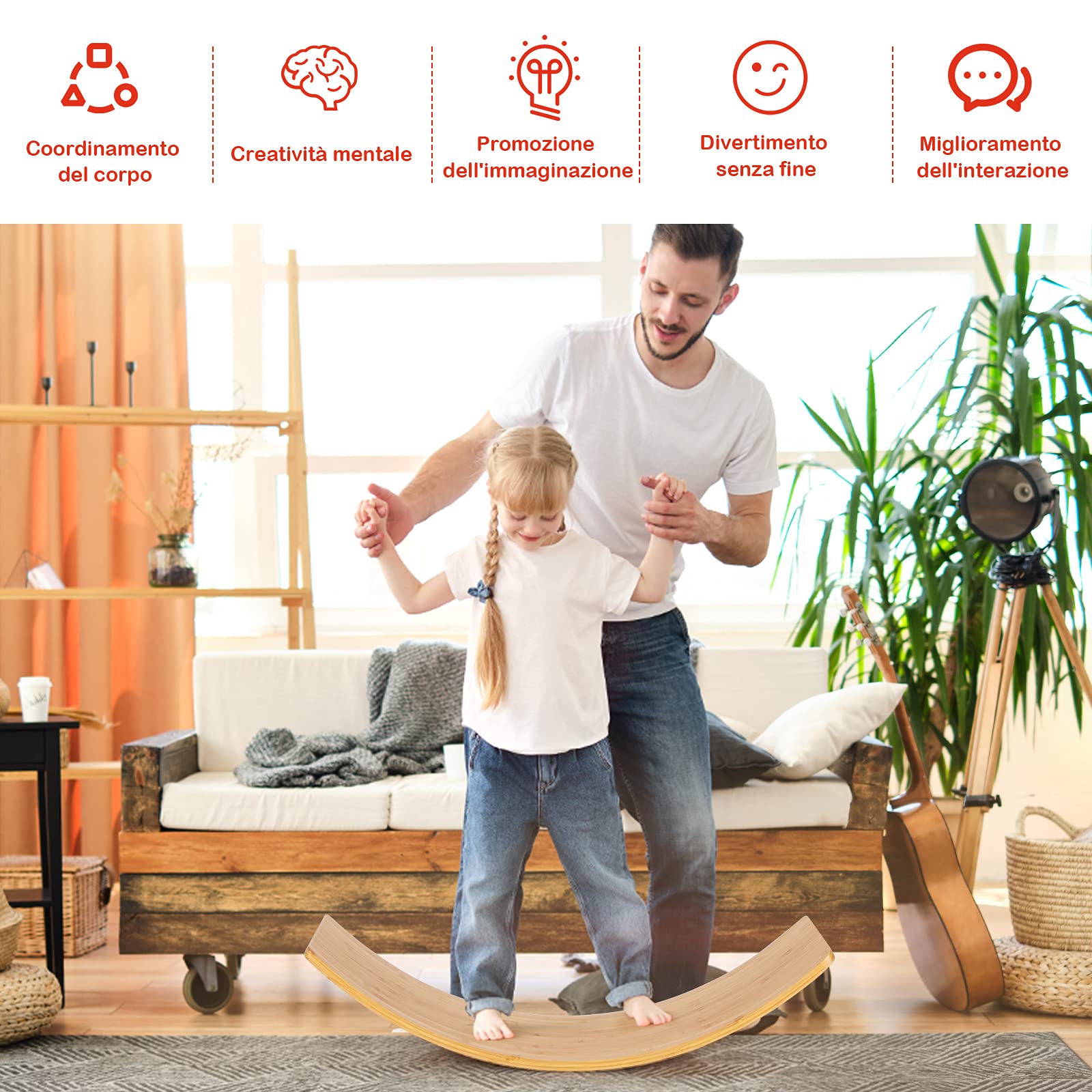 COSTWAY Balance Board di Legno, Pedana di Equilibrio, Tavola Curva per Yoga, Tavola Oscillante Naturala per Bambini e Adulti