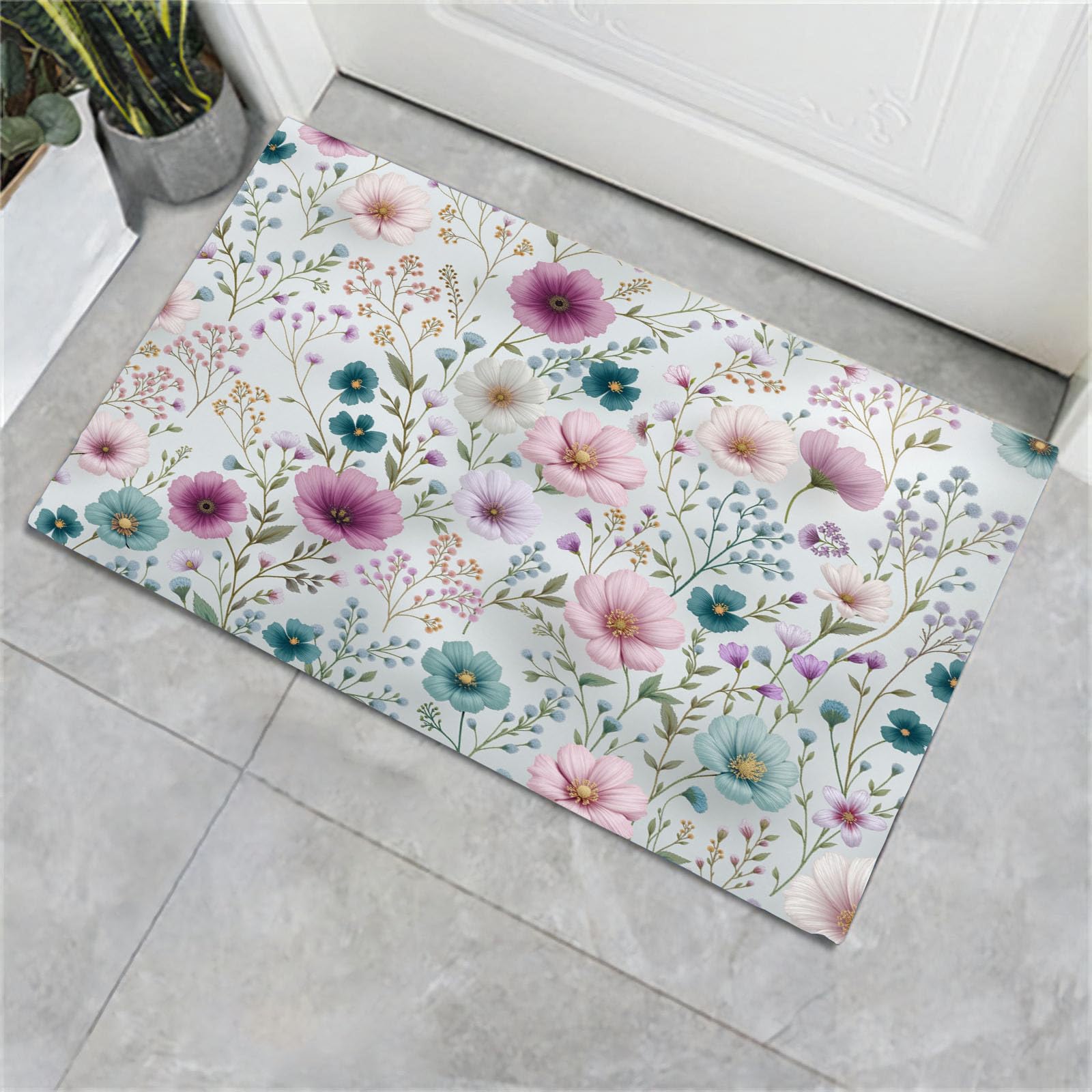 Tapis Plantes Sauvages Bleu Gris 60X90cm | Paillasson Entrée Intérieur