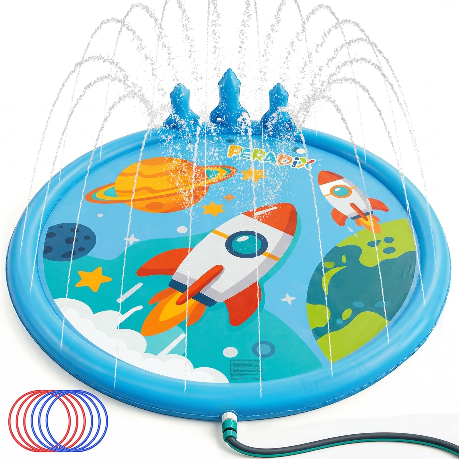 Peradix Alfombra de juego con aspersores de cohetes y juego de lanzamiento de anillos para niños – Alfombra de juegos de agua con 6 gusanos (3 rojos, 3 azules) para exteriores, antideslizante, para