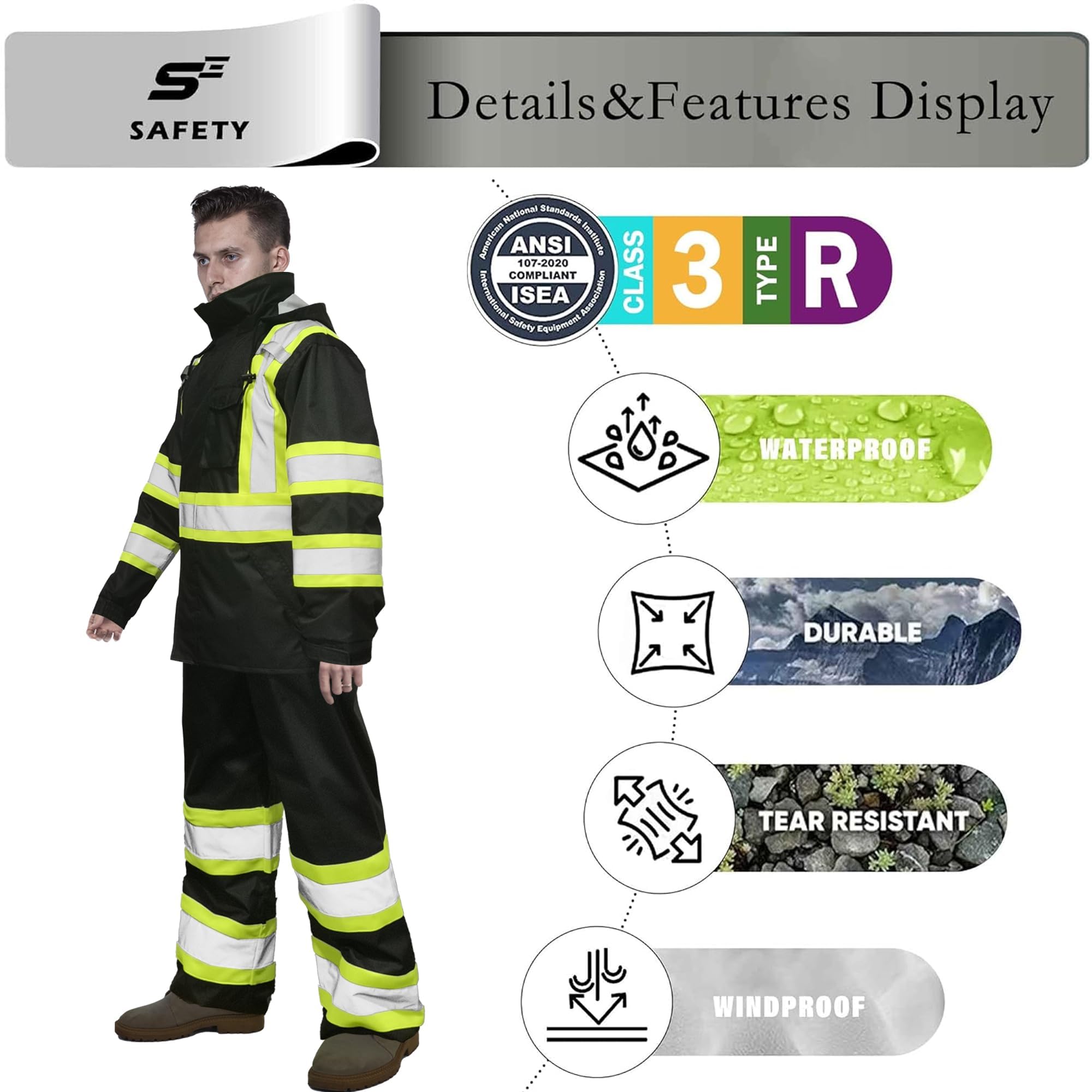 sesafety Giacca antipioggia ad alta visibilità, classe 3, abbigliamento antipioggia da uomo