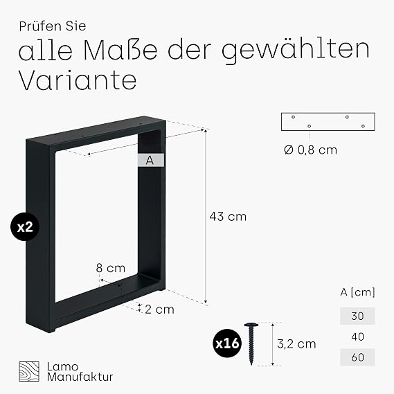 LAMO Manufaktur LTS-01-C-BB-9005 Table Legs for Bench Coffee Table Side Table Simple Solid Square Profile 80 x 20 mm Table Frame 40 x 43 cm (W x H) Black Pack of 2