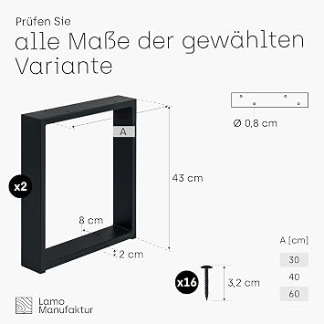 LAMO Manufaktur LTS-01-C-BB-9005 Table Legs for Bench Coffee Table Side Table Simple Solid Square Profile 80 x 20 mm Table Frame 40 x 43 cm (W x H) Black Pack of 2