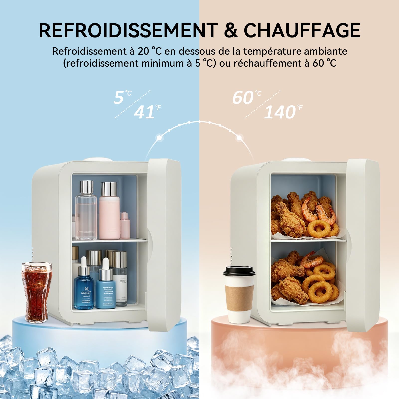 YOURLITE Mini Frigo de Chambre 8L, Mini Réfrigérateur Portable, Fonction Chaud Froid, Silencieux, 12V 240V, Beige