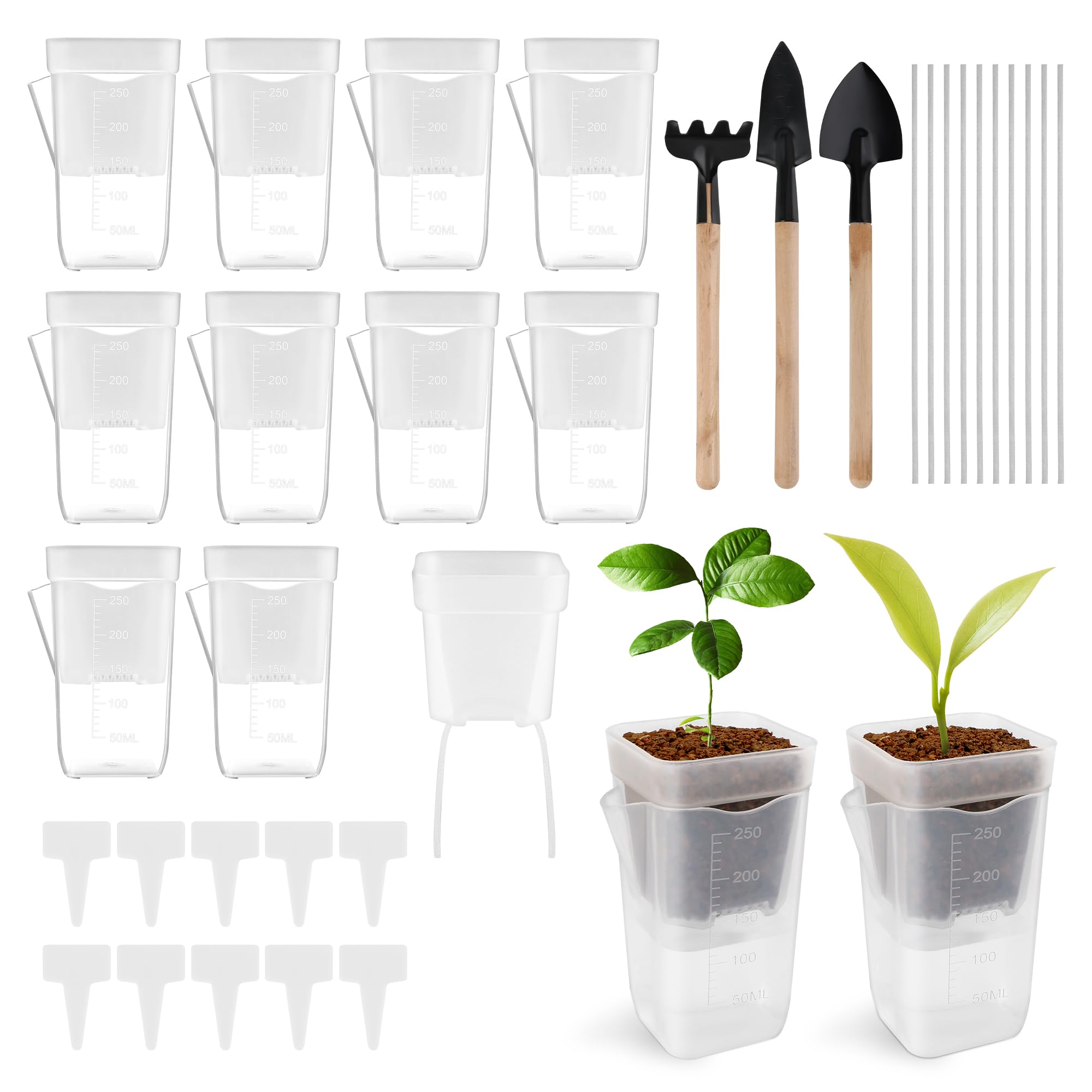 Windspeed 10P Mini Self Watering Pots for Indoor Plants, 6.35 cm Small Self Watering Plastic Planter for Bare Root Plants, with Inner Pot/ 3 Shovels/ 10 Labels