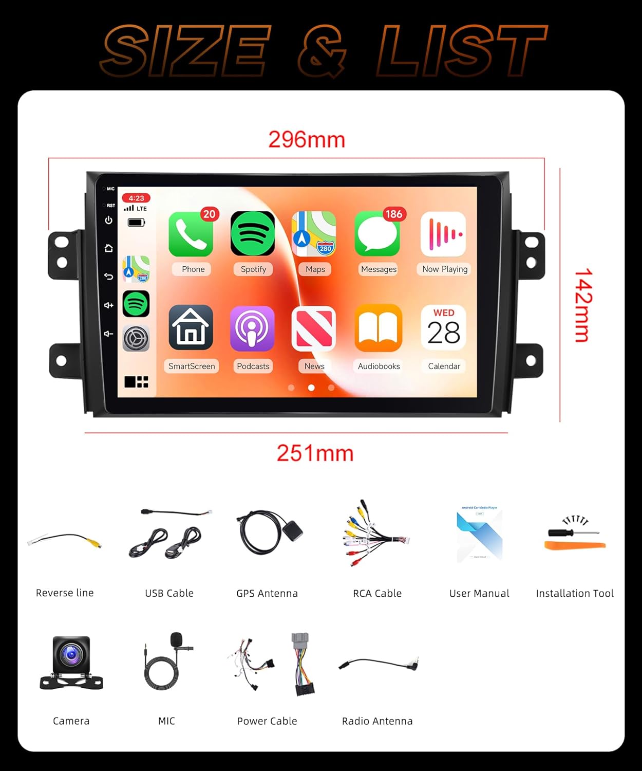 Rimoody 4Core 4G+64G Android 13 Car Stereo Radio for Suzuki SX4 2006-2013 Wireless Carplay Android Auto GPS Navigation WiFi, 9 Inch Touch Screen Bluetooth 5.0 FM/RDS EQ + AHD Backup Camera