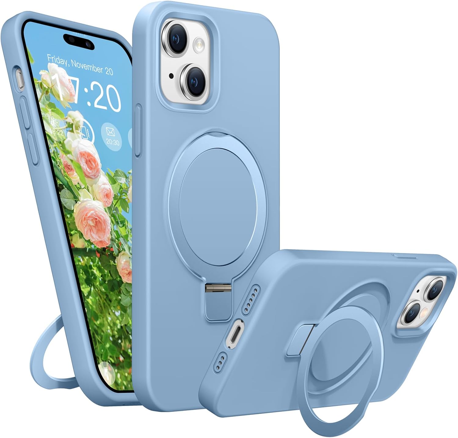 Soft Liquid Silicone Case for iPhone 15 with Magnetic Invisible Stand, Military Grade Shockproof Protection, Anti-Scratch Microfiber Lining Covers for iPhone 15, Light Blue