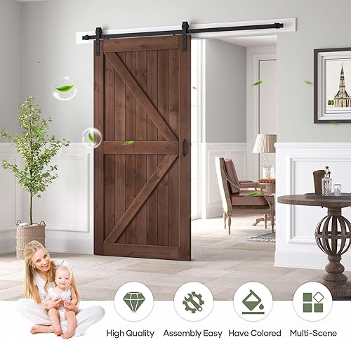 Miniatura 2 de ROYMELO Losa de puerta corrediza de madera de granero de 42 x 84 pulgadas con kit de herrajes y mango de 7 pies, café, forma de K, montaje simple de