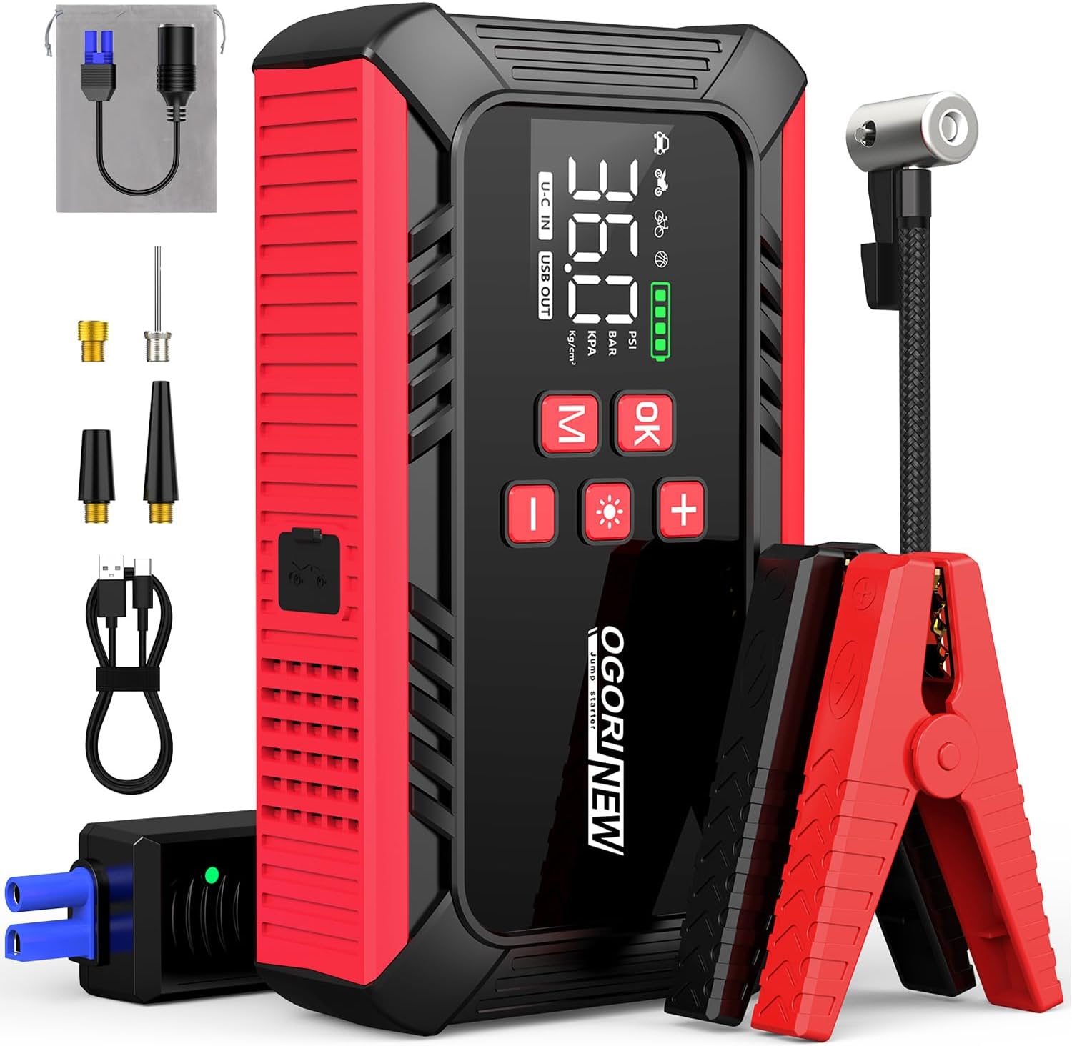 8000A Jump Starter with Air Compressor, 26800mAh Car Battery Jump Starter (All Gas/16.0L Diesel) with 150PSI Auto-Shutoff Tire Inflator, 12V Jump Box with Booster, Jumper Cables, Cigarette Lighter