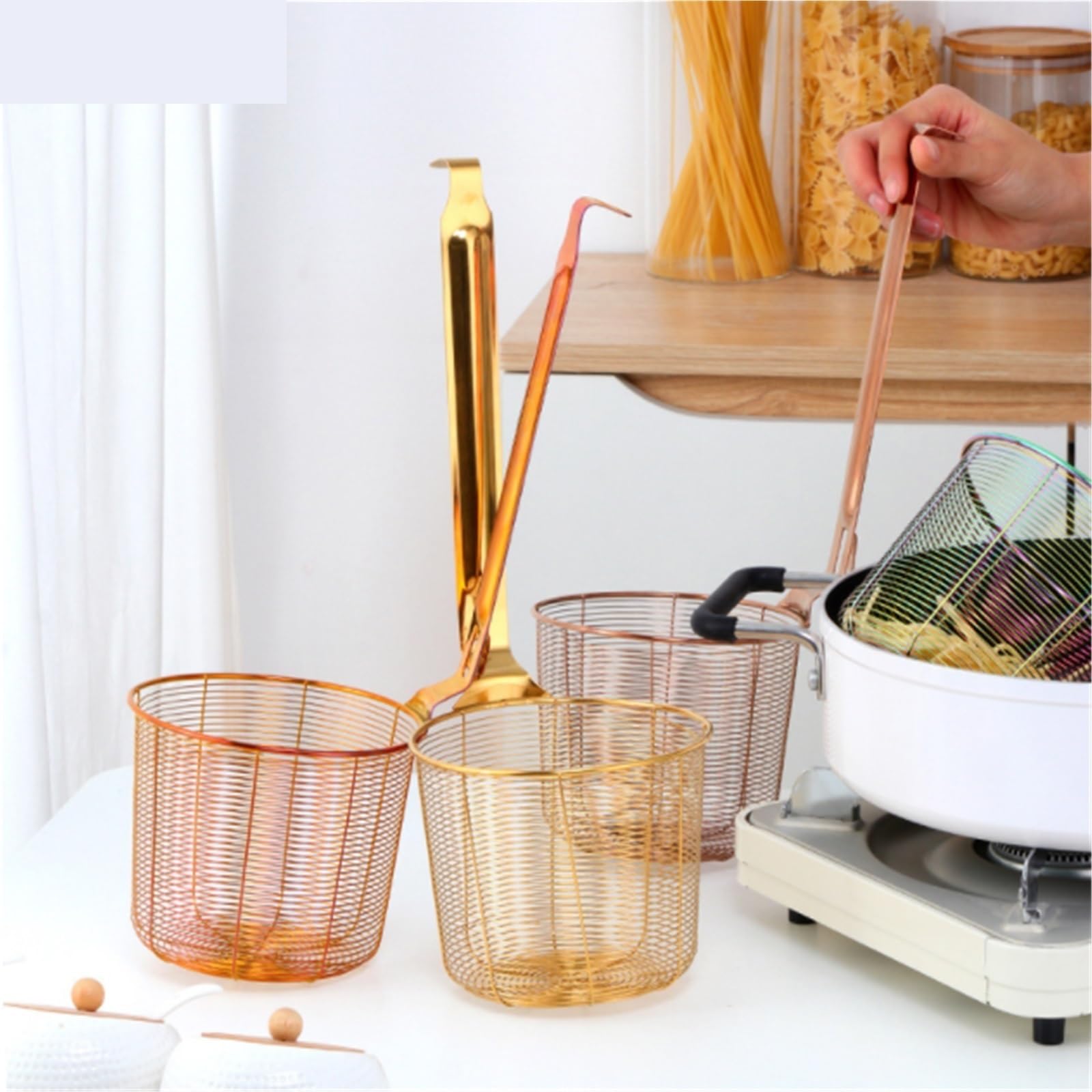 Sitko Kuchenne Durszlak Makaron Kosz Do Smażenia Restauracja Narzędzia Kuchenne Długi Uchwyt Sitko Łyżka Spustowa Łyżka Do Odcedzania(Gold,13cm)