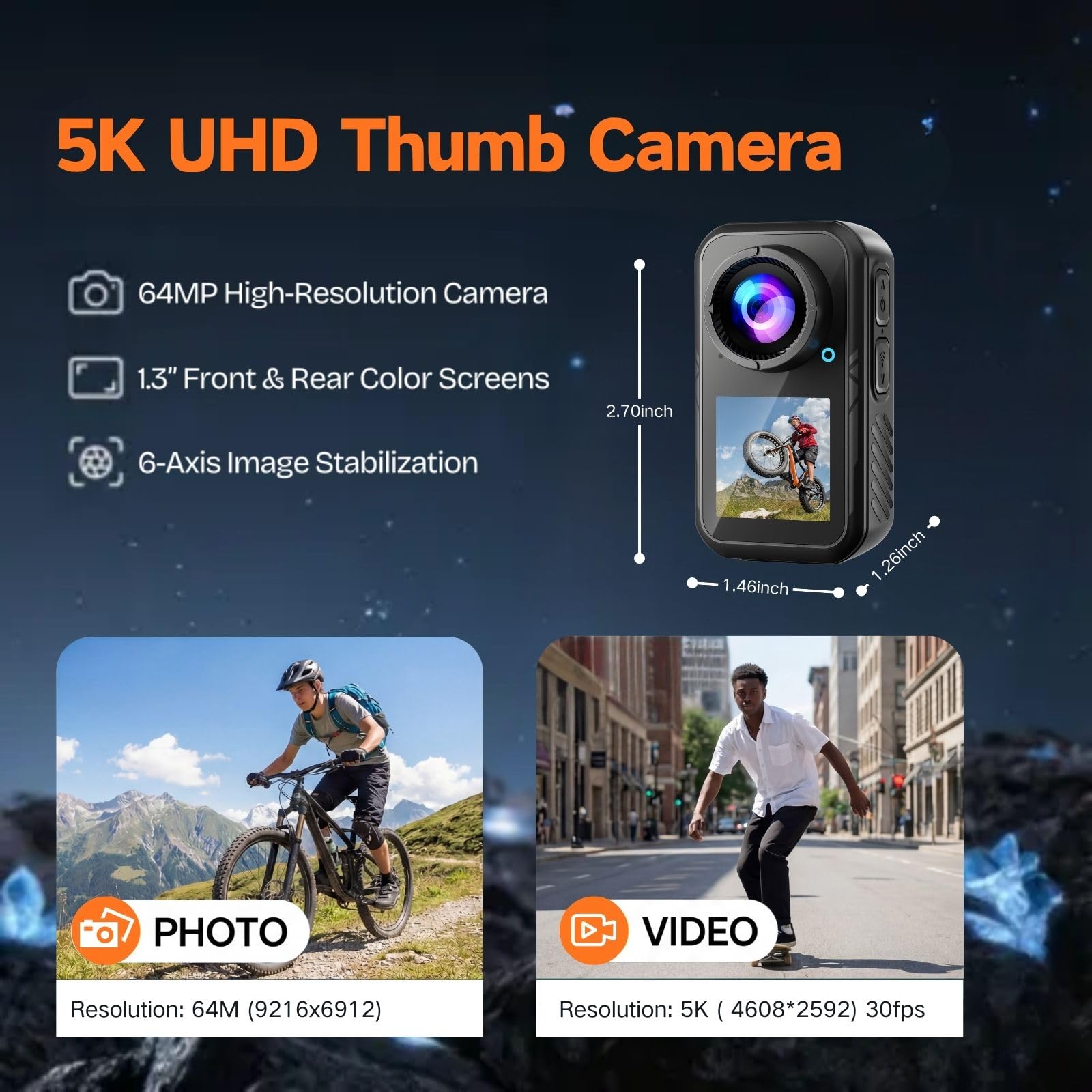 Caméra Sport 5K 64MP, Mini Caméra d’Action Magnétique 66g, Double Écran 1,3", Caméra Vlog POV pour Vélo & Voyage, Stabilisation 1080P, Étanche 30M avec Boîtier, Carte 64Go