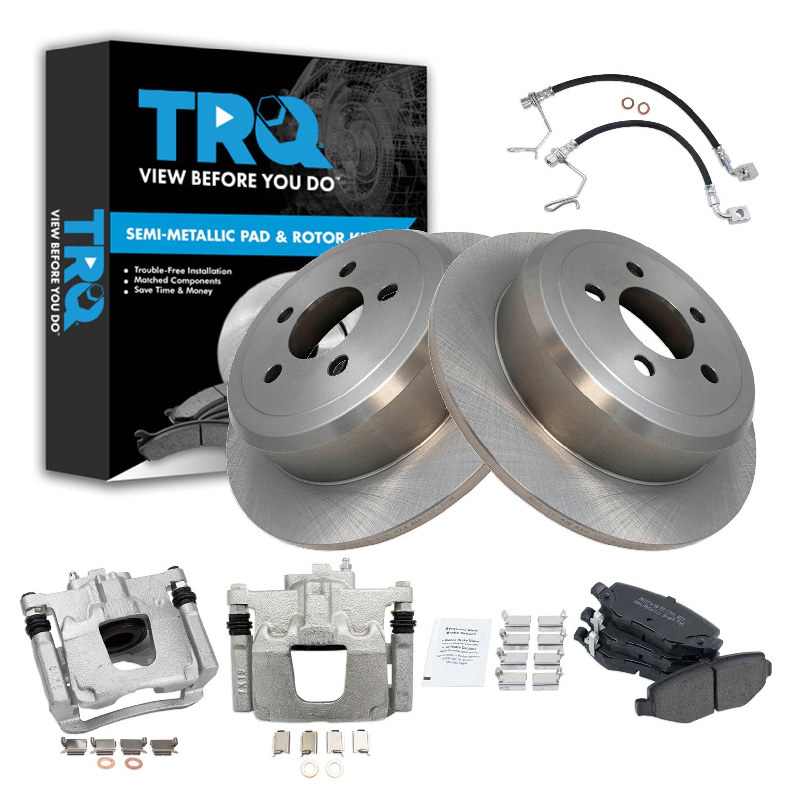 TRQ Rear Brake Pad and Rotor Set Semi Metallic Rotors Calipers Compatible with 2008-2012 Jeep Liberty