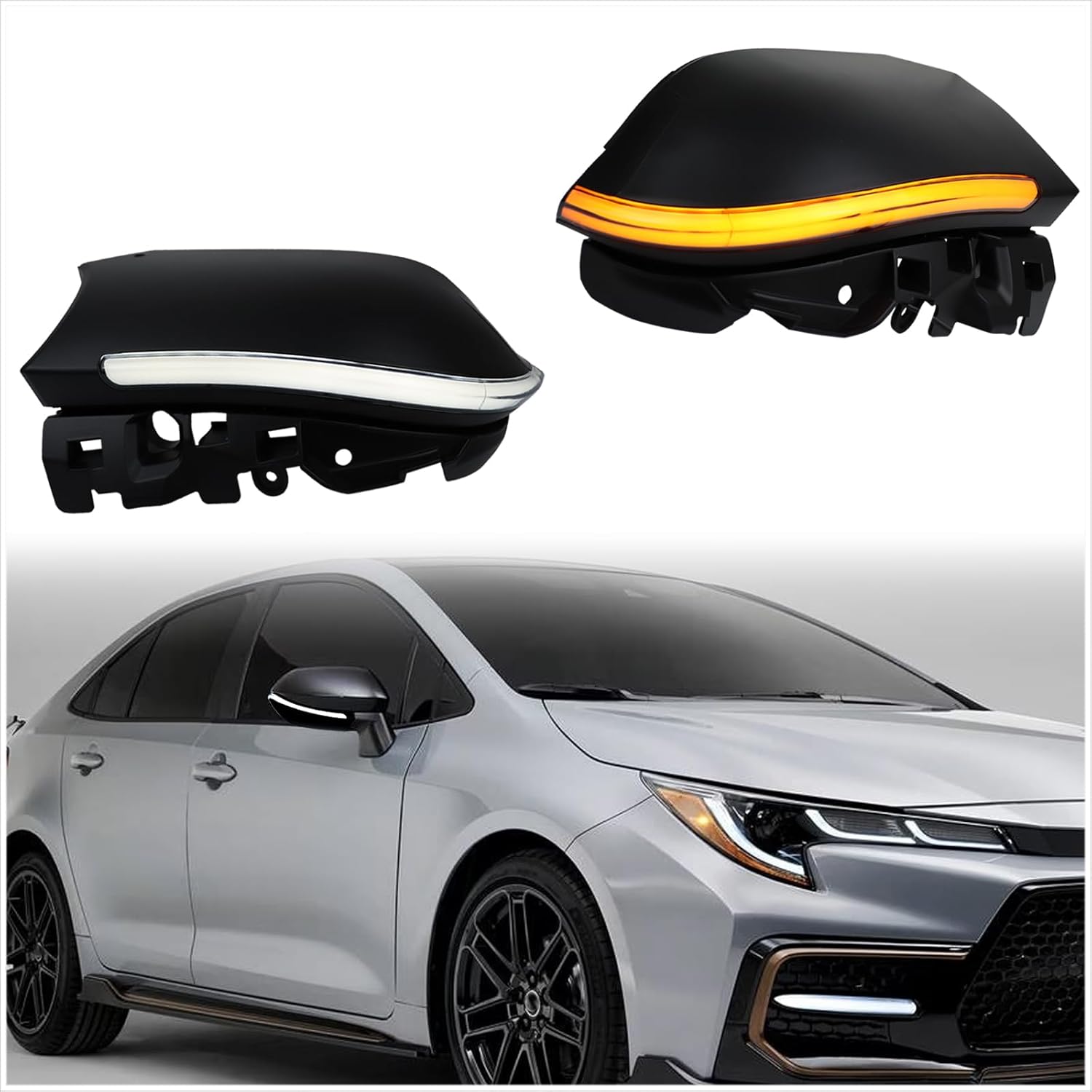 Black Housing Side Rearview Mirror Marker Lights Amber Dynamic Sequential Turn Signal and White DRL Light Replacement for Toyota Corolla Sedan 2019 2020 2021 2022 Towing Mirror Indicator Lamp