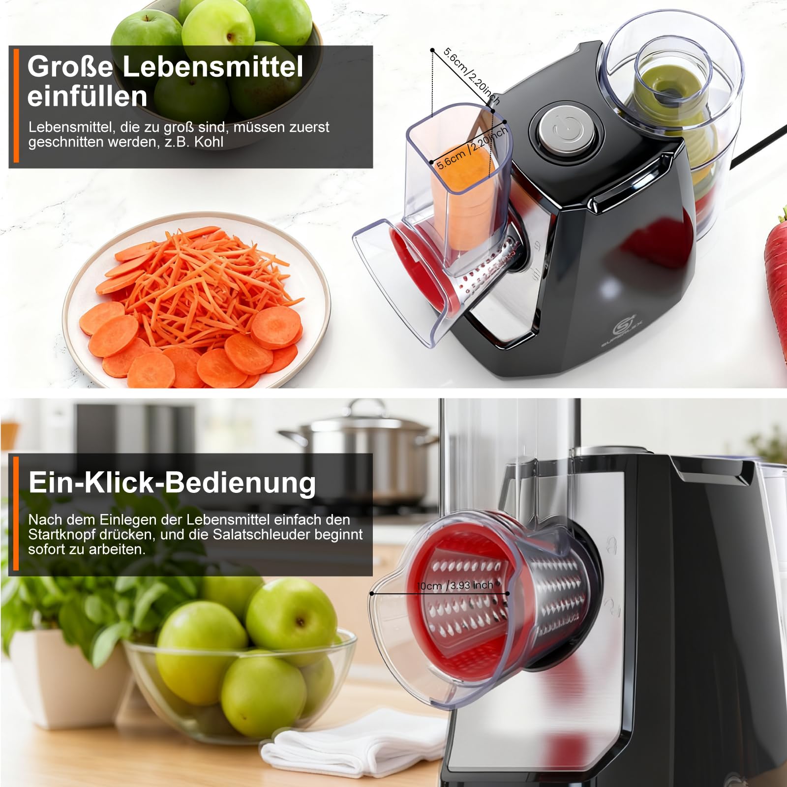 Coupe-légumes Électrique 5-en-1 Râpe à Légumes avec 5 Lames de Tambour Interchangeables Râpe Électrique et Broyeur pour Fruits Légumes Fromage Fruits Noix Carottes Utilisation en un Clic Râpe