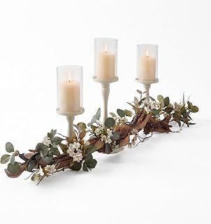 Eucalyptus Table Centerpiece with Candle Holders, Farmhouse Greenery Decor Ivory