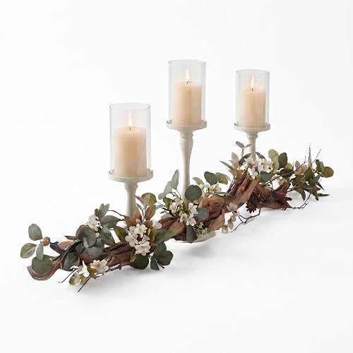 Eucalyptus Table Centerpiece with Candle Holders, Farmhouse Dining Table Decor,