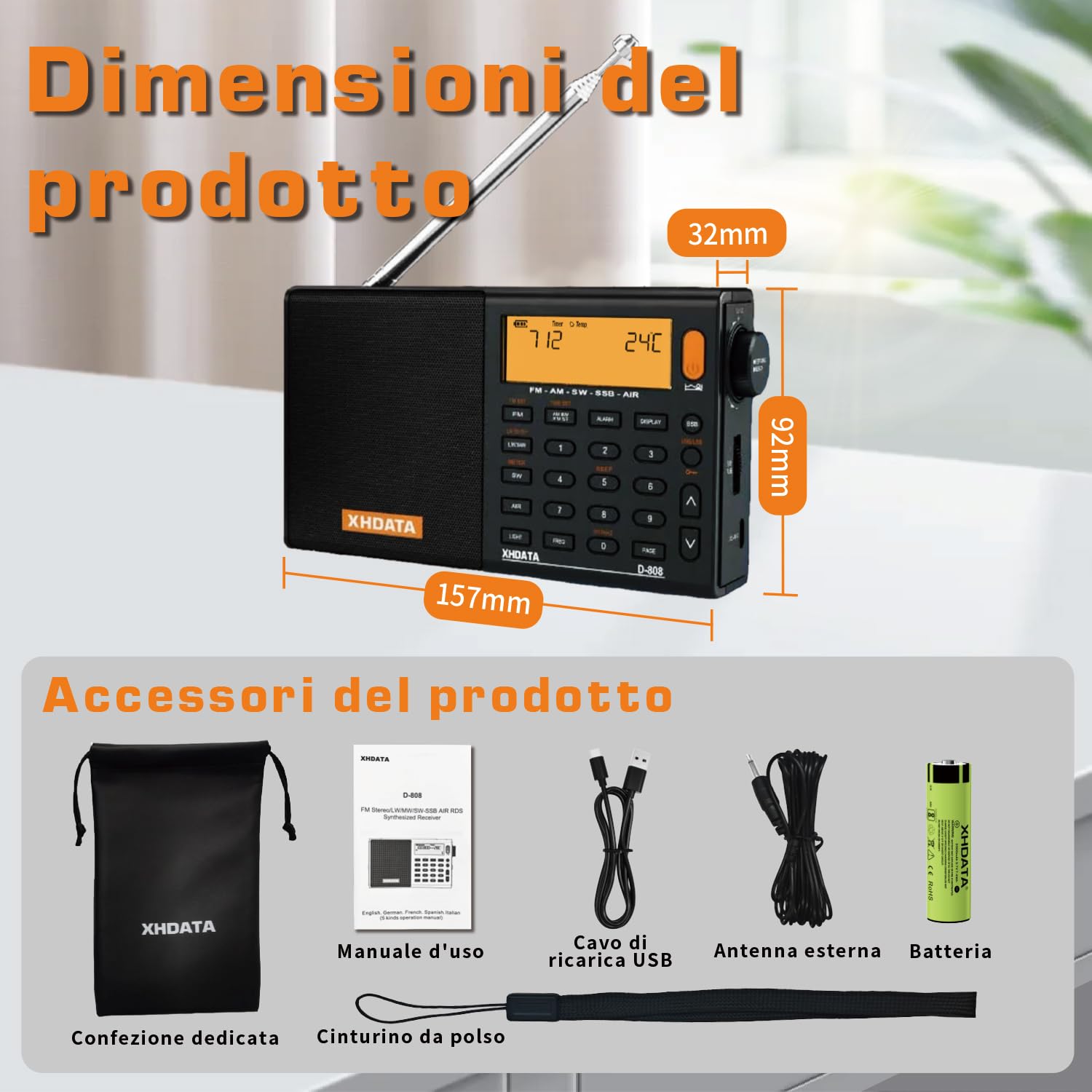XHDATA D-808 Radio digitale portatile FM Stereo SW MW LW SSB RDS Air Band Multi Band con ATS, display LCD, nero