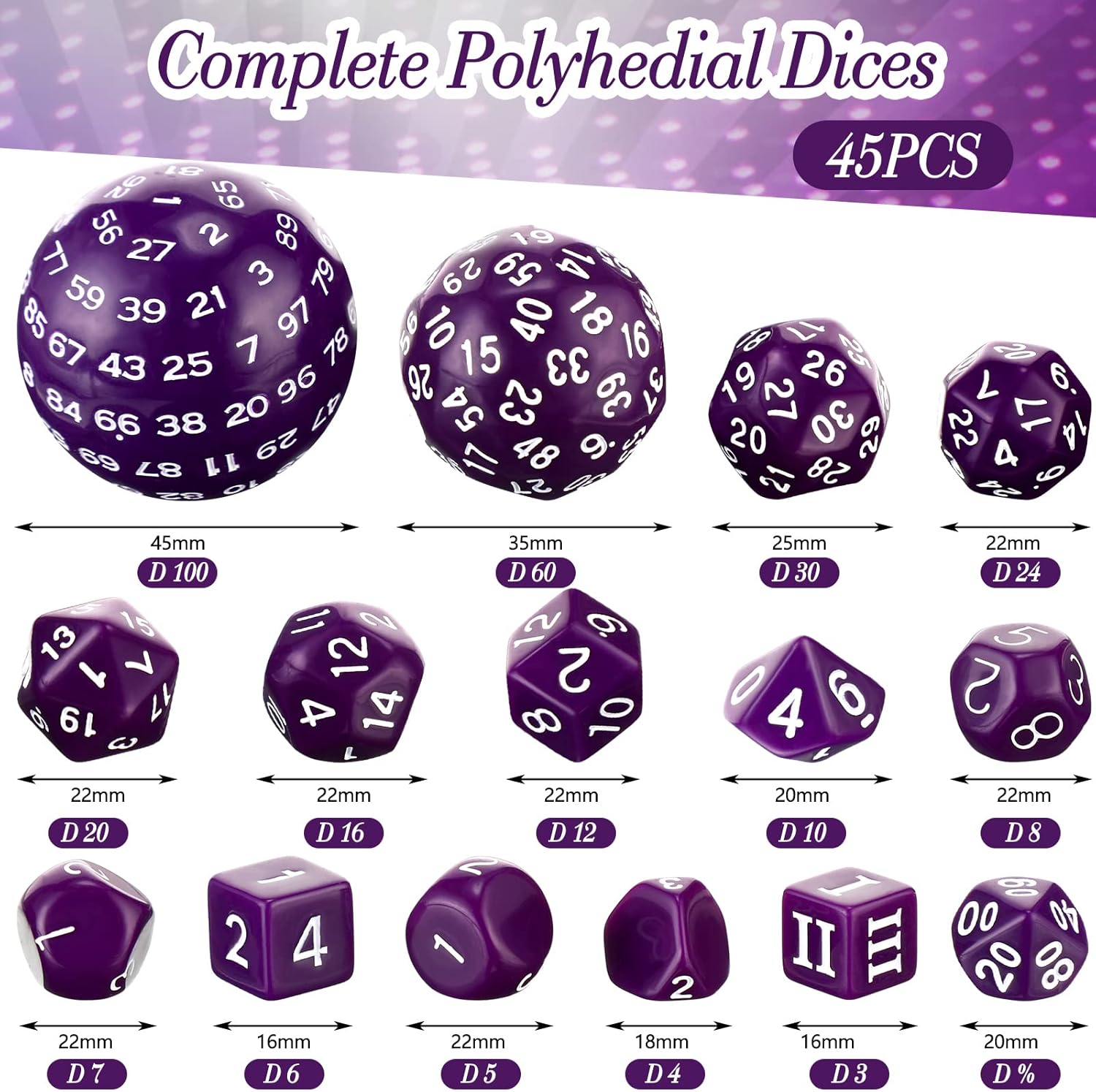Libima 3 Set Complete D3-D100 Polyhedral Dice Set 100 Sided Dice Multisided D100 Dice for Role Playing Table Games Party (Black & Purple, Black & White, Purple & White) - Image 2