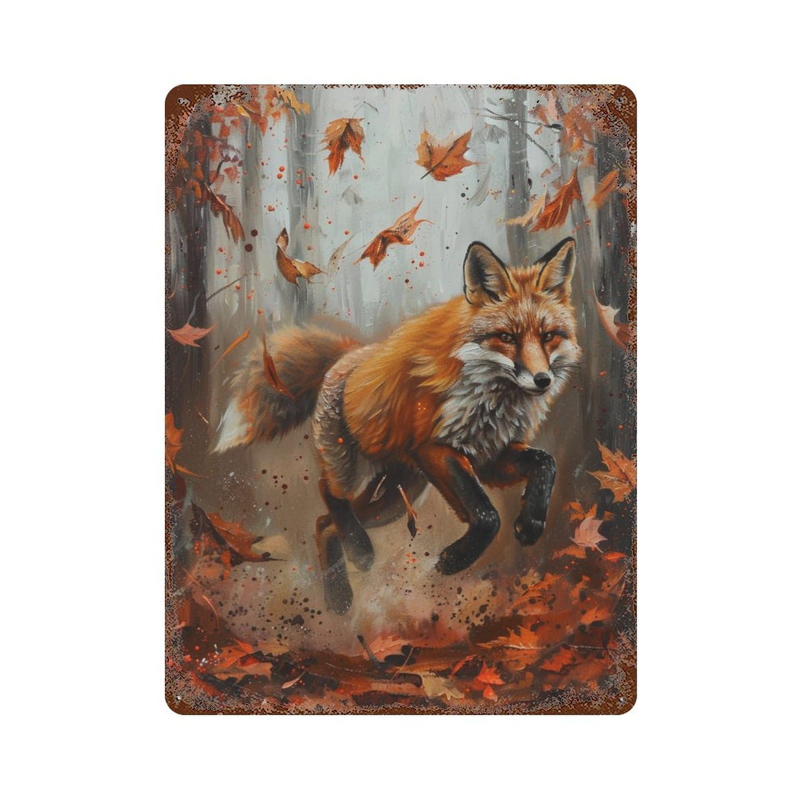 Autumn Fox Forest Scene Rust Effect Tin Sign 15.7"x11.8", Retro Wall Decor for Pub, Kitchen And Man Cave Decor