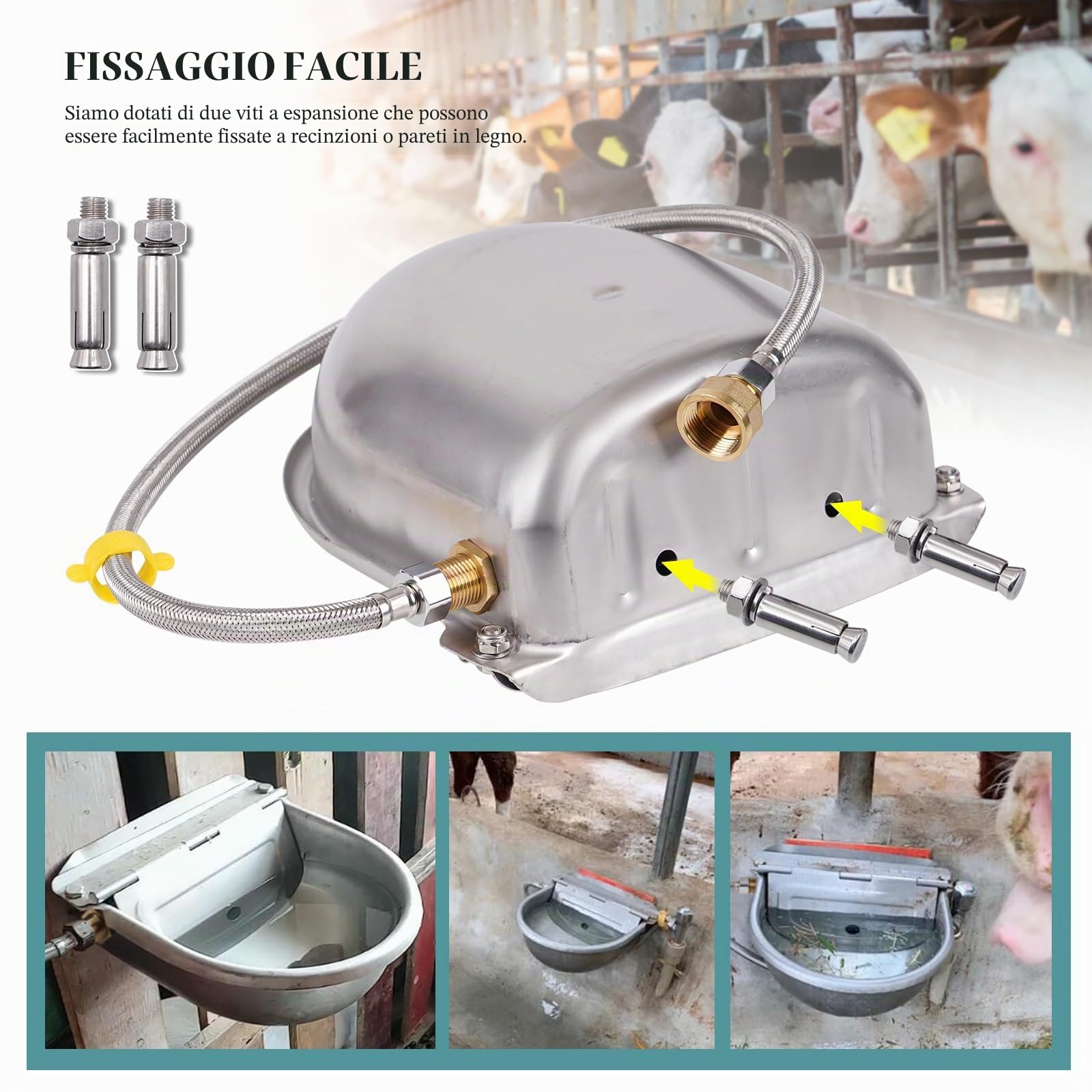 Abbeveratoio Automatico per Bestiame in Acciaio Inox con Valvola a Galleggiante e Tubo Intrecciato da 80 cm Abbeveratoio per Bestiame Bovini Cavalli