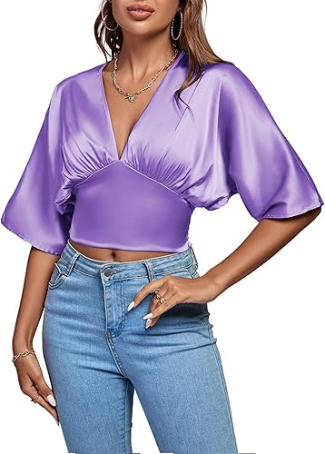 LYANER Blusa de satén con cuello en V profundo y fruncido en la espalda fruncida para mujer
