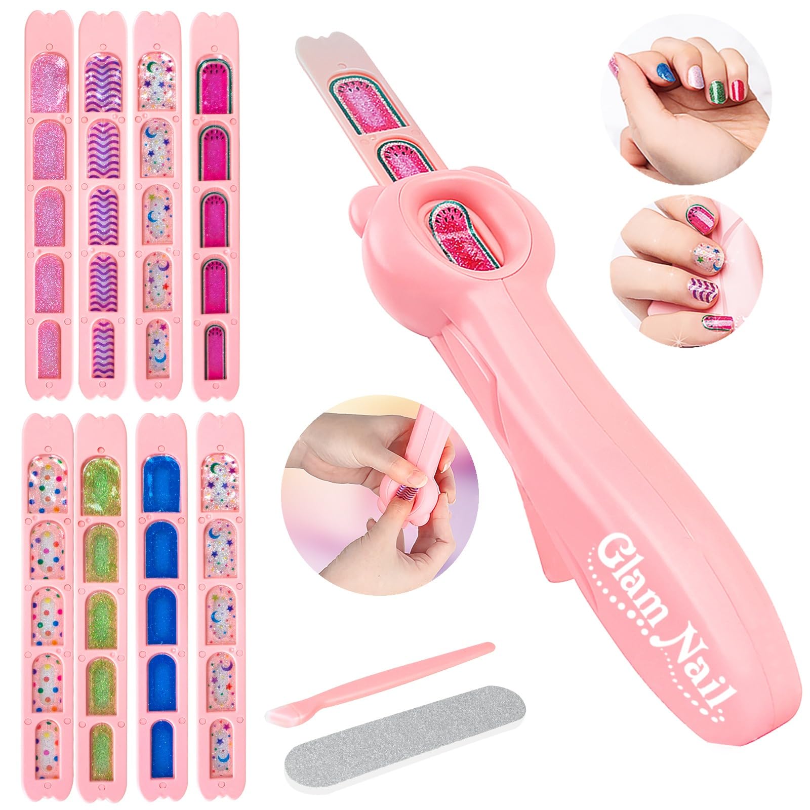 GLAM NAIL - Maquina Uñas Niñas, Kit Pegatinas Para Niña, Set Laminas Manicura, Juguetes Stickers Nails, Recambios Cosas Belleza Infantil, Juegos Con Pintauñas, Regalo Niños 6 7 8 9 10 11 12 Años