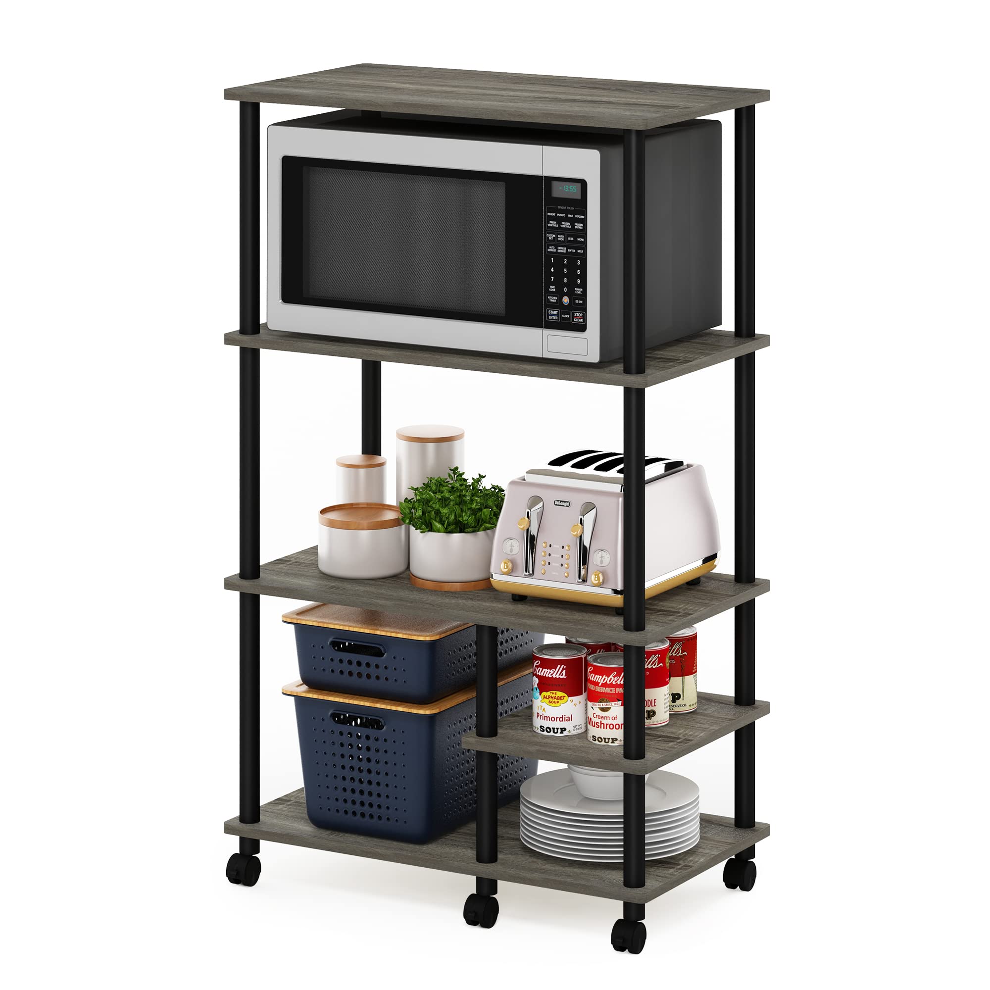 Furinno TURN-N-TUBE Bakers Rack with Wheels, 4-Tier Kitchen Storage Cart, Kitchen Cart, Coffee Bar, Pantry Organizers and Storage, French Oak Grey
