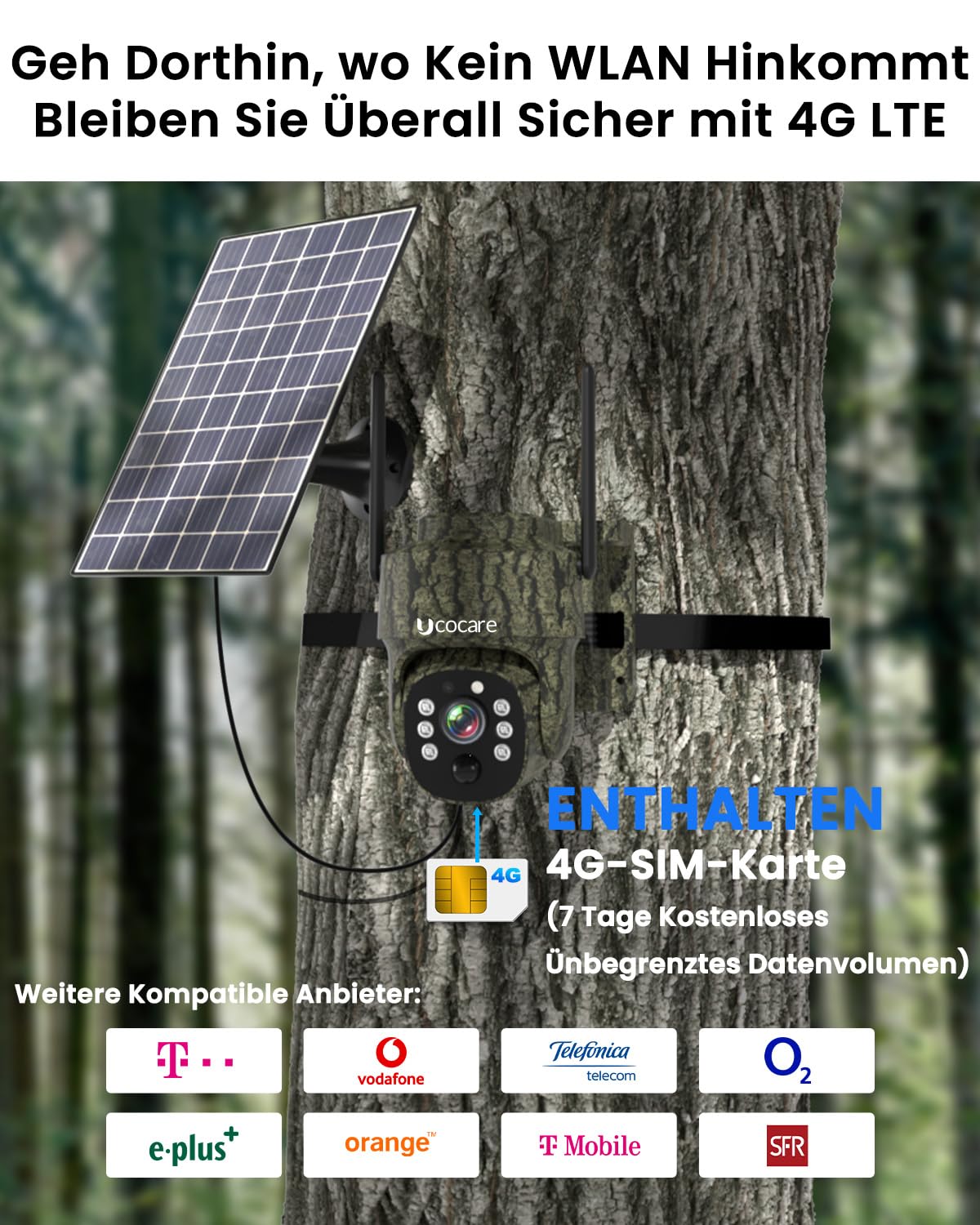UCOCARE 4MP Wildkamera mit SIM-Karte 4G LTE Solar Überwachungskamera Outdoor 15000mAh 8W Solarpanel KI-Bewegungserkennung Tracking Farbnachtsicht
