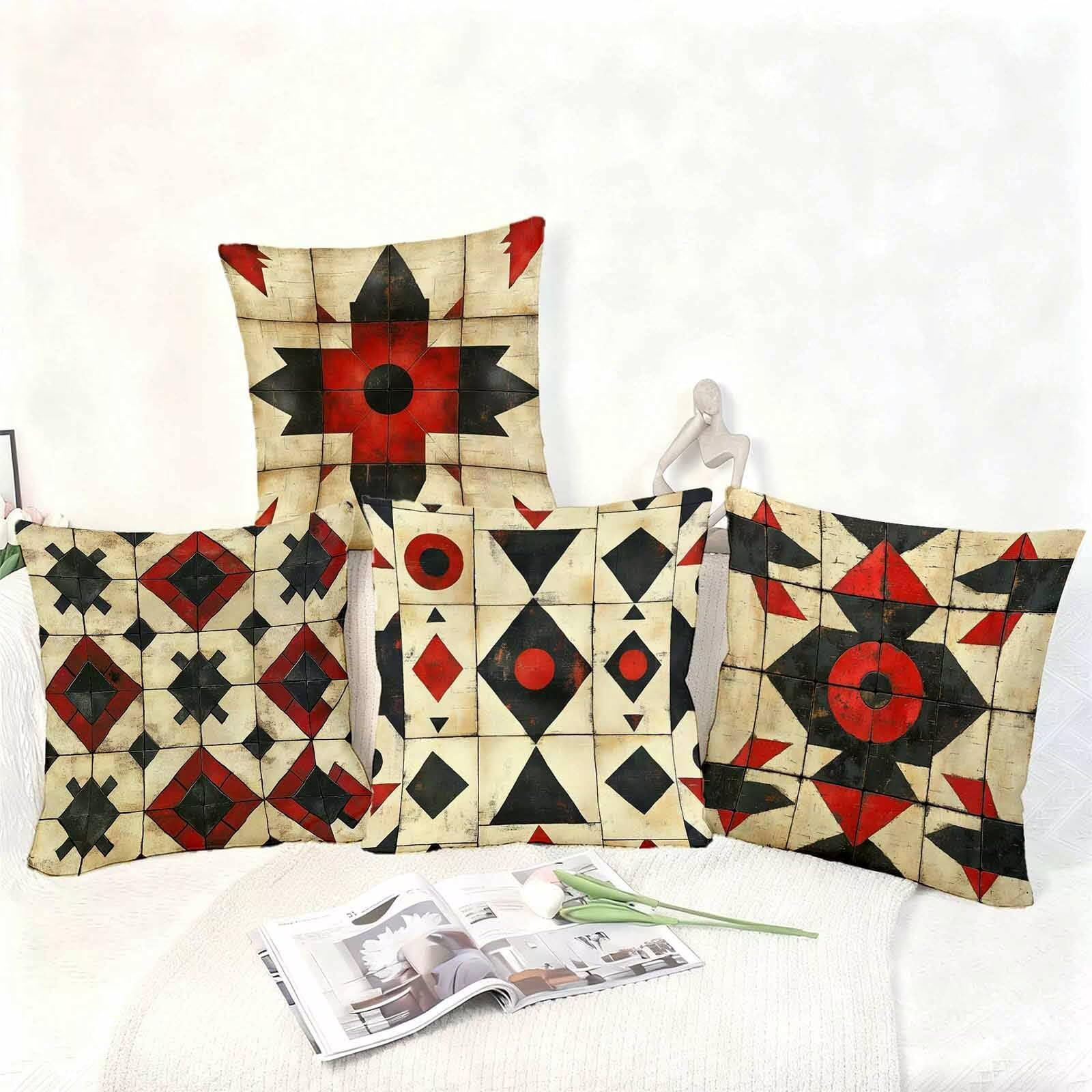 Czerwona sofa poduszki 70x70 zestaw 4 sztuk, miękka poszewka na poduszkę poszewka na poduszkę dwustronna poszewka na poduszkę niewidoczny zamek błyskawiczny do dekoracji domu, prezent dla