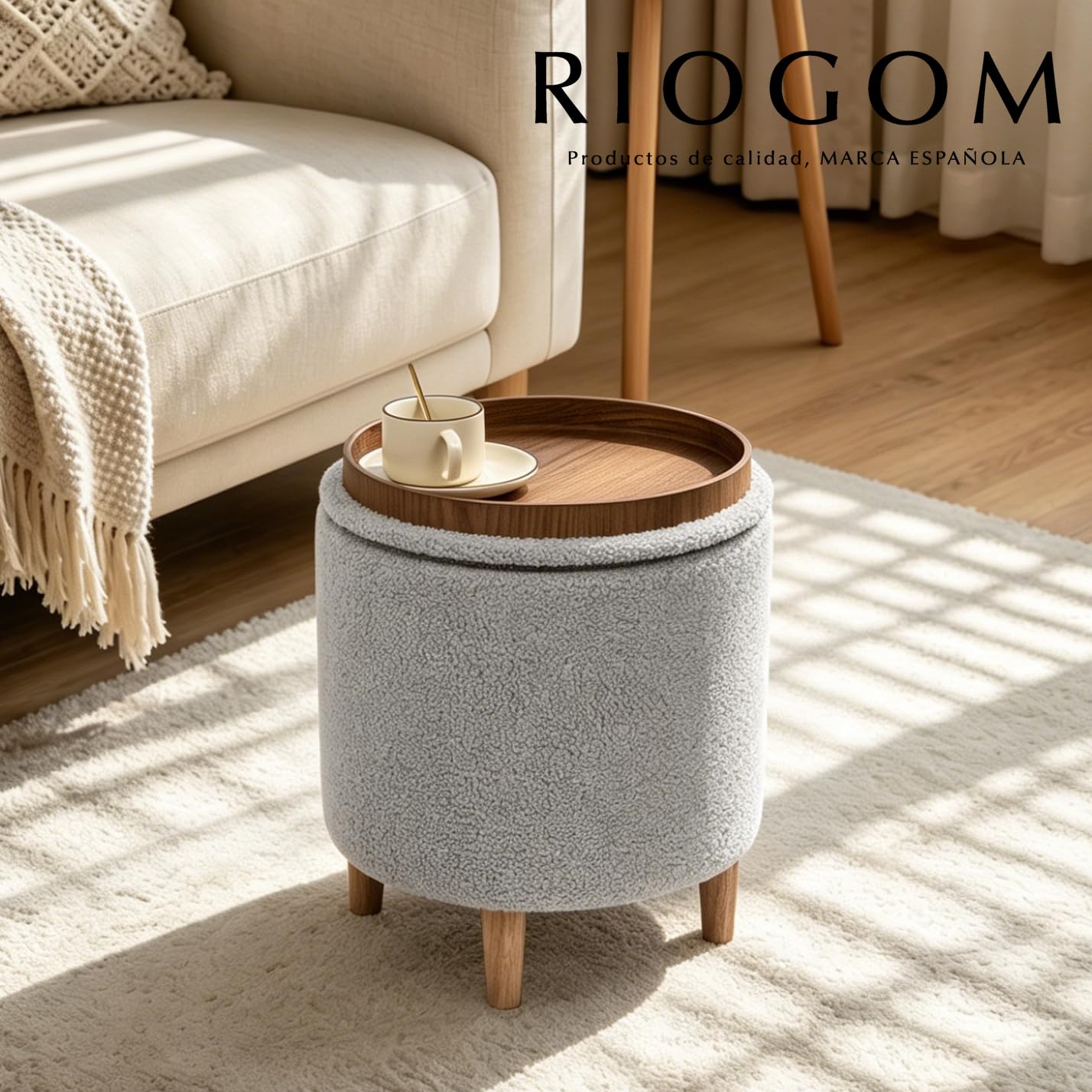 Puff Almacenaje, 45.5xØ36, Banco de Almacenamiento, Reposapiés con Patas, Otomana, Boucle, Reposapies Sofa, Taburete almacenaje, Banco almacenaje, Mesa Madera Asiento (Gris, Borrego)